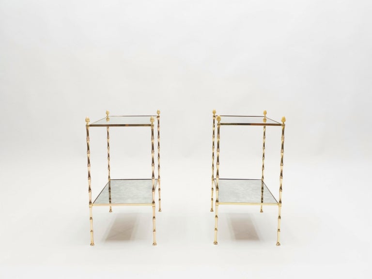 Pair of French Maison Baguès Bamboo Brass Mirrored Two-Tier End Tables, 1960s For Sale 13