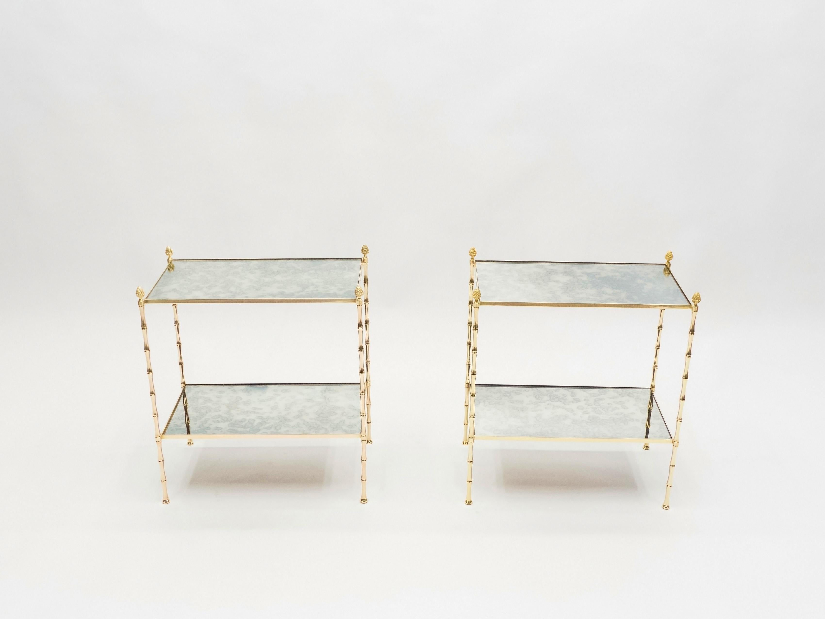 Mid-Century Modern Pair of French Maison Baguès Bamboo Brass Mirrored Two-Tier End Tables, 1960s