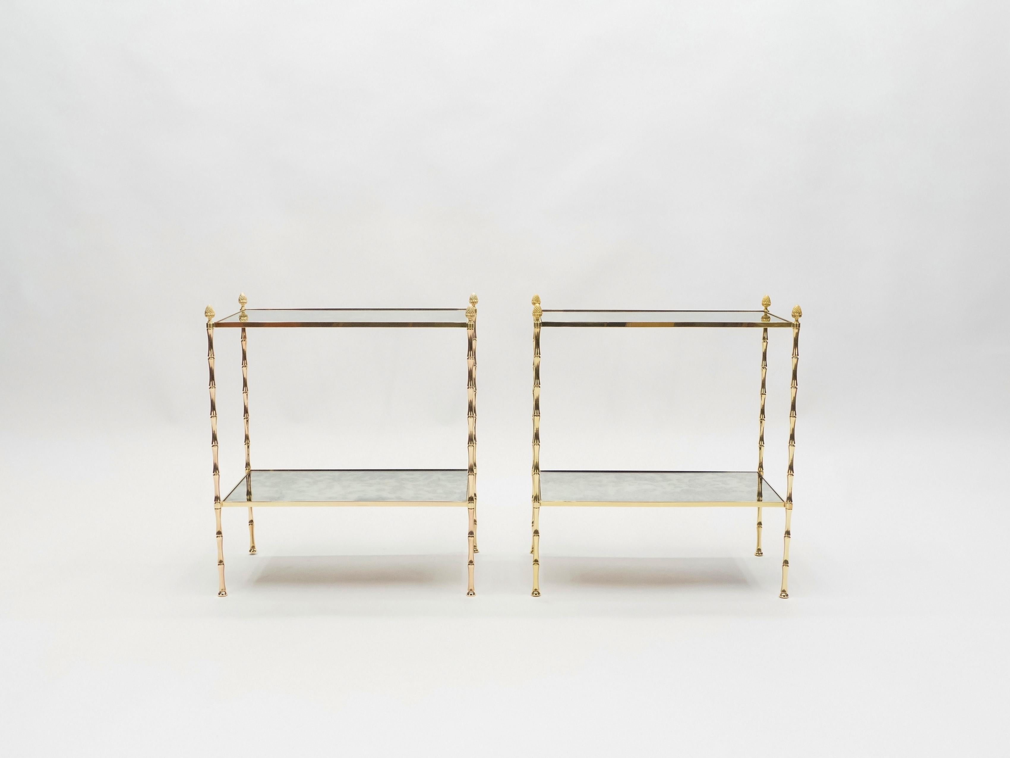 Pair of French Maison Baguès Bamboo Brass Mirrored Two-Tier End Tables, 1960s In Good Condition In Paris, IDF