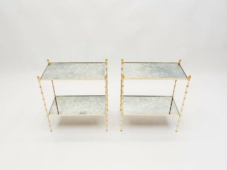 Pair of French Maison Baguès Bamboo Brass Mirrored Two-Tier End Tables, 1960s In Good Condition For Sale In Paris, FR