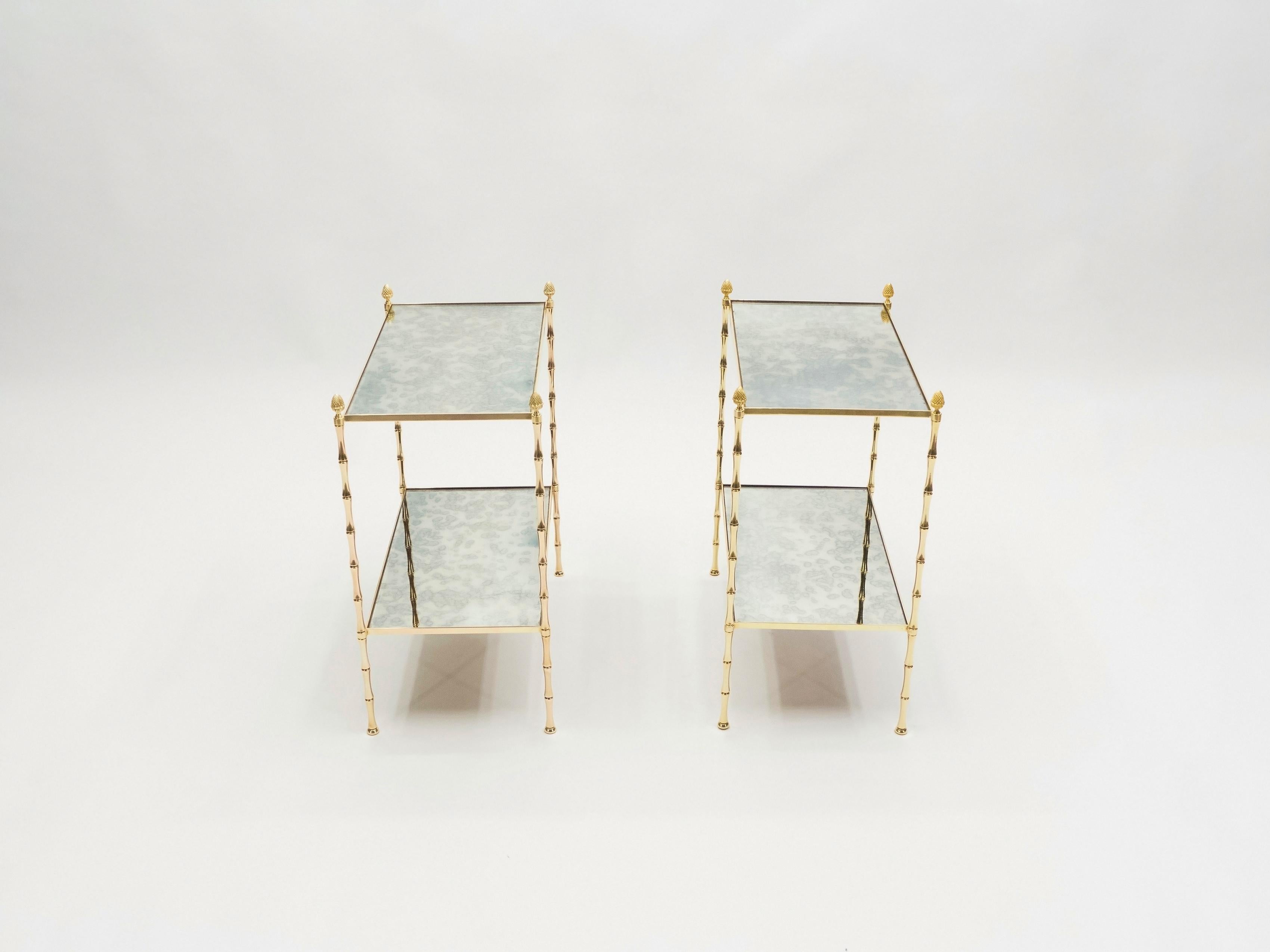 Mid-20th Century Pair of French Maison Baguès Bamboo Brass Mirrored Two-Tier End Tables, 1960s