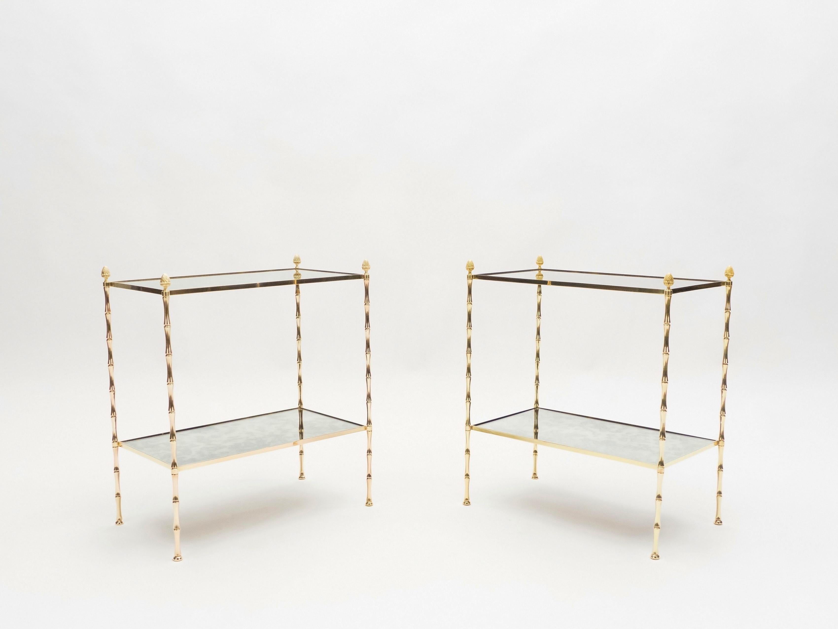 Mid-20th Century Pair of French Maison Baguès Bamboo Brass Mirrored Two-Tier End Tables, 1960s