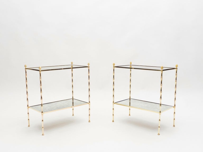 Mid-20th Century Pair of French Maison Baguès Bamboo Brass Mirrored Two-Tier End Tables, 1960s For Sale