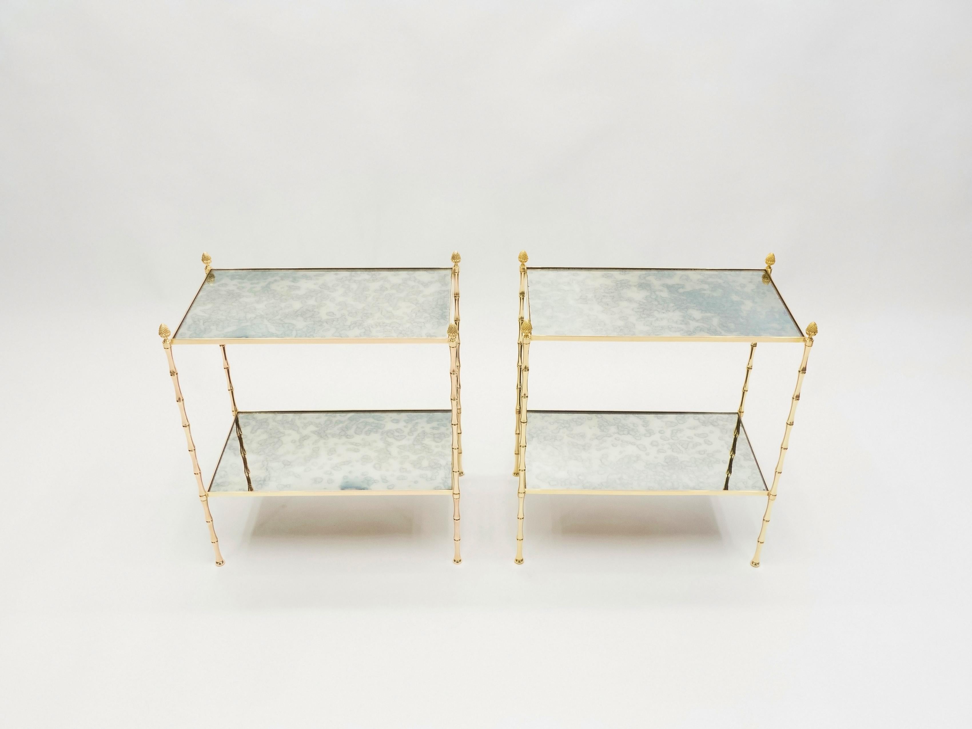 Pair of French Maison Baguès Bamboo Brass Mirrored Two-Tier End Tables, 1960s 1