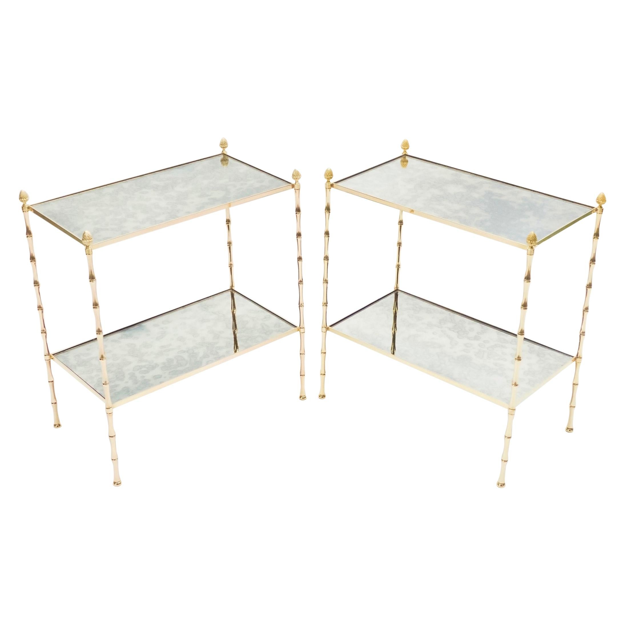 Pair of French Maison Baguès Bamboo Brass Mirrored Two-Tier End Tables, 1960s 1