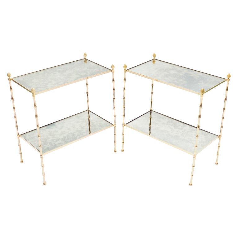 Pair of French Maison Baguès Bamboo Brass Mirrored Two-Tier End Tables, 1960s For Sale 1