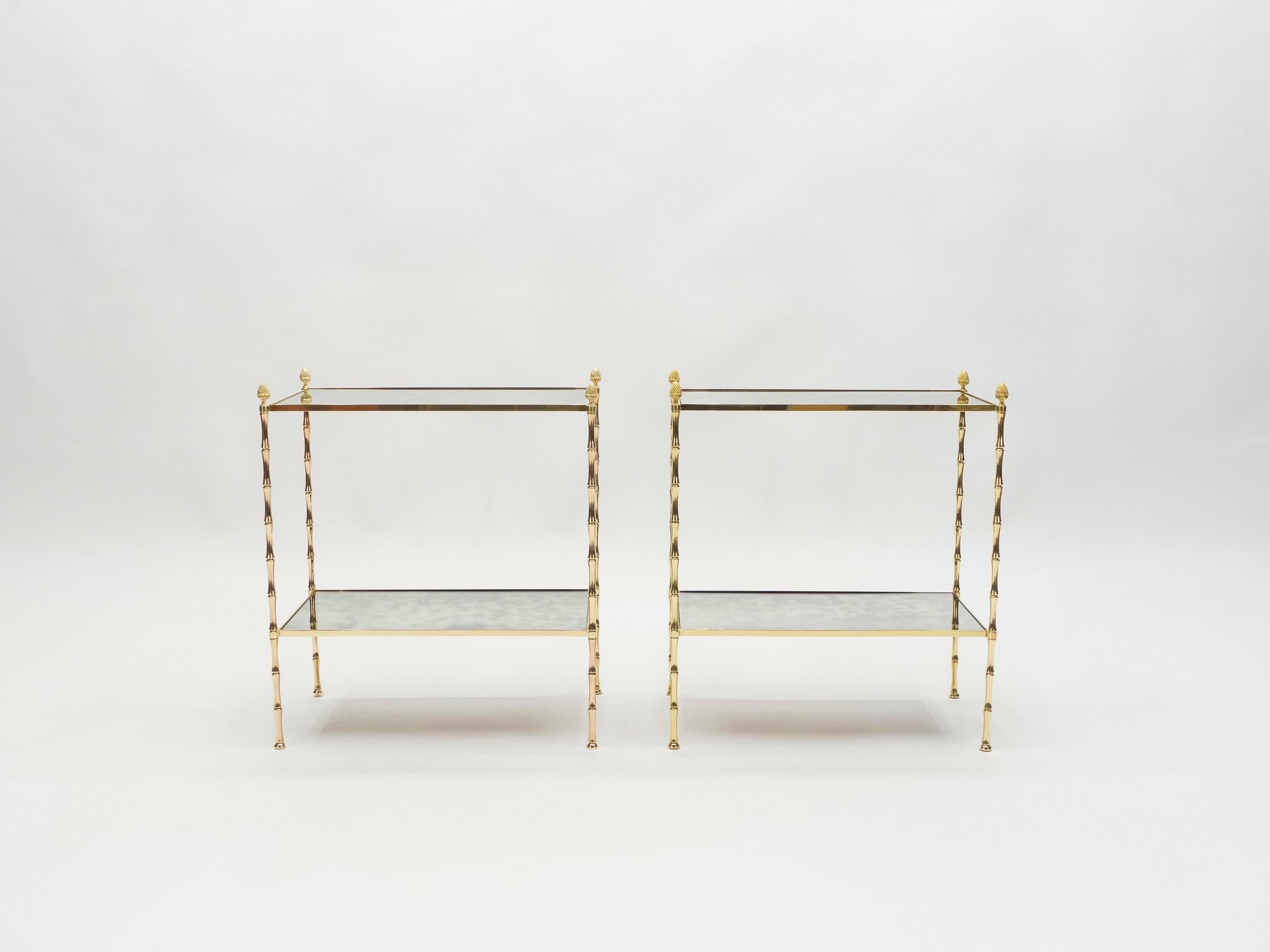 Pair of French Maison Baguès Bamboo Brass Mirrored Two-Tier End Tables, 1960s 2