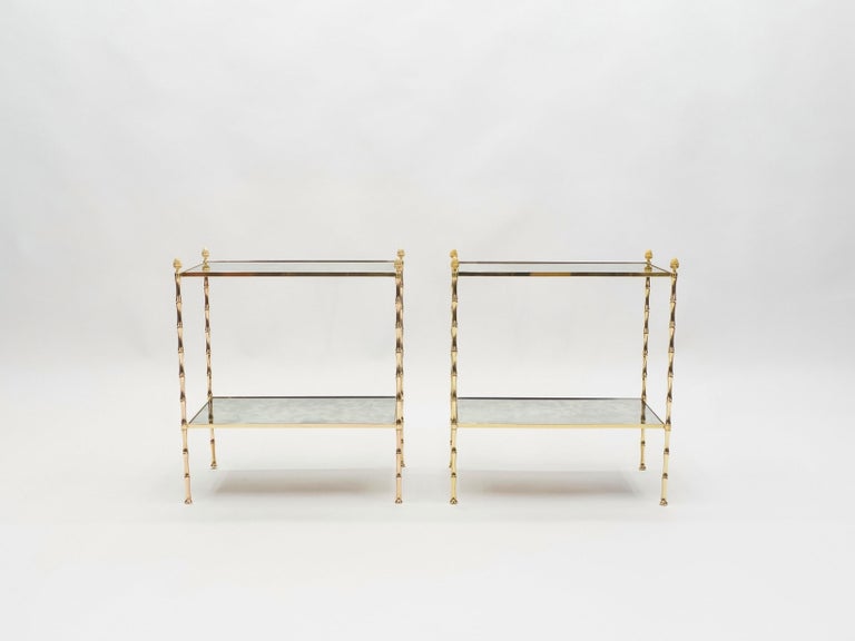 Pair of French Maison Baguès Bamboo Brass Mirrored Two-Tier End Tables, 1960s For Sale 2
