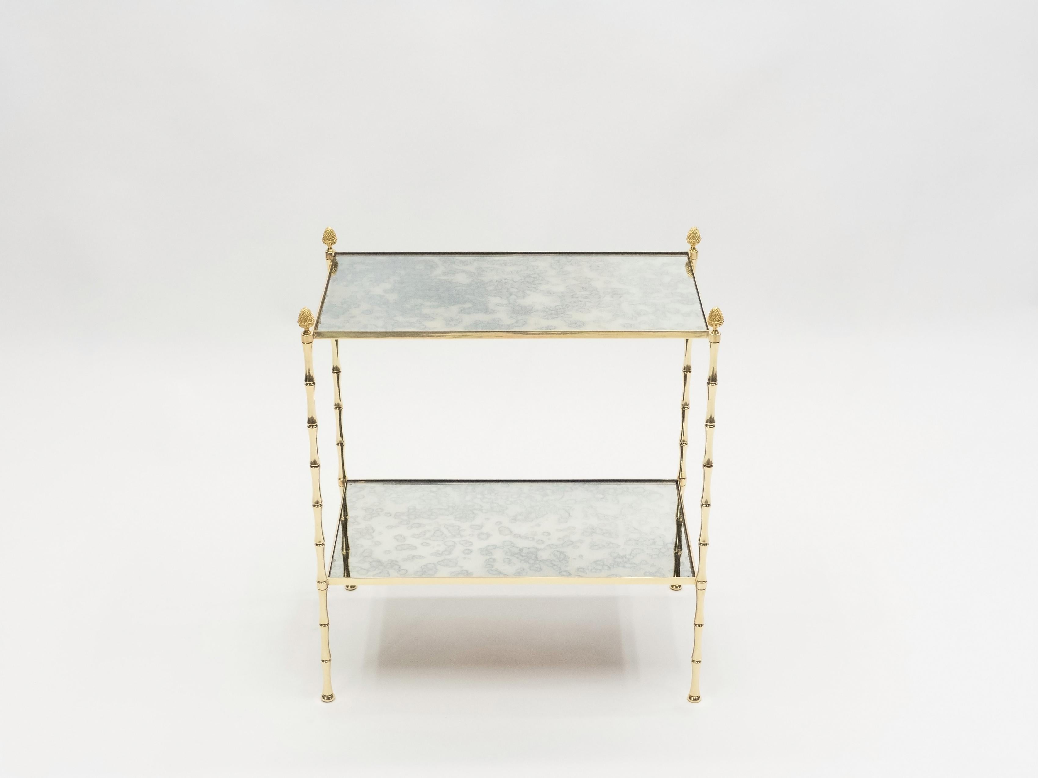 Pair of French Maison Baguès Bamboo Brass Mirrored Two-Tier End Tables, 1960s 3