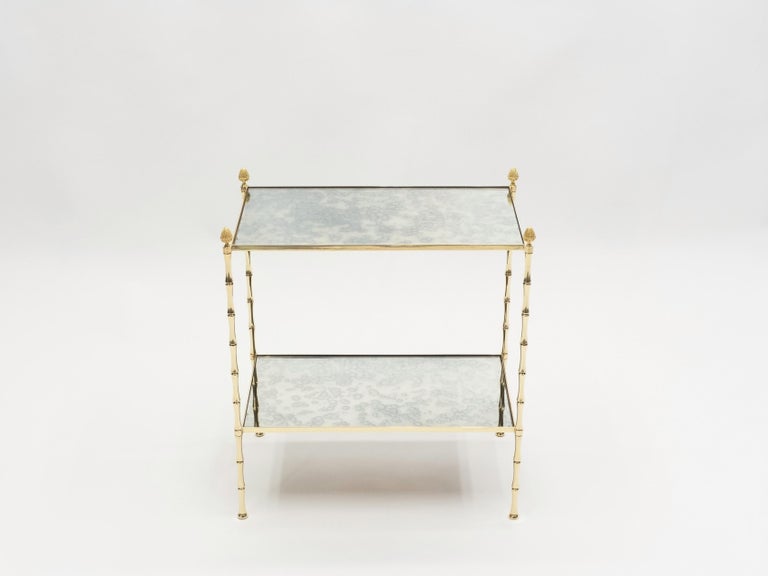 Pair of French Maison Baguès Bamboo Brass Mirrored Two-Tier End Tables, 1960s For Sale 3