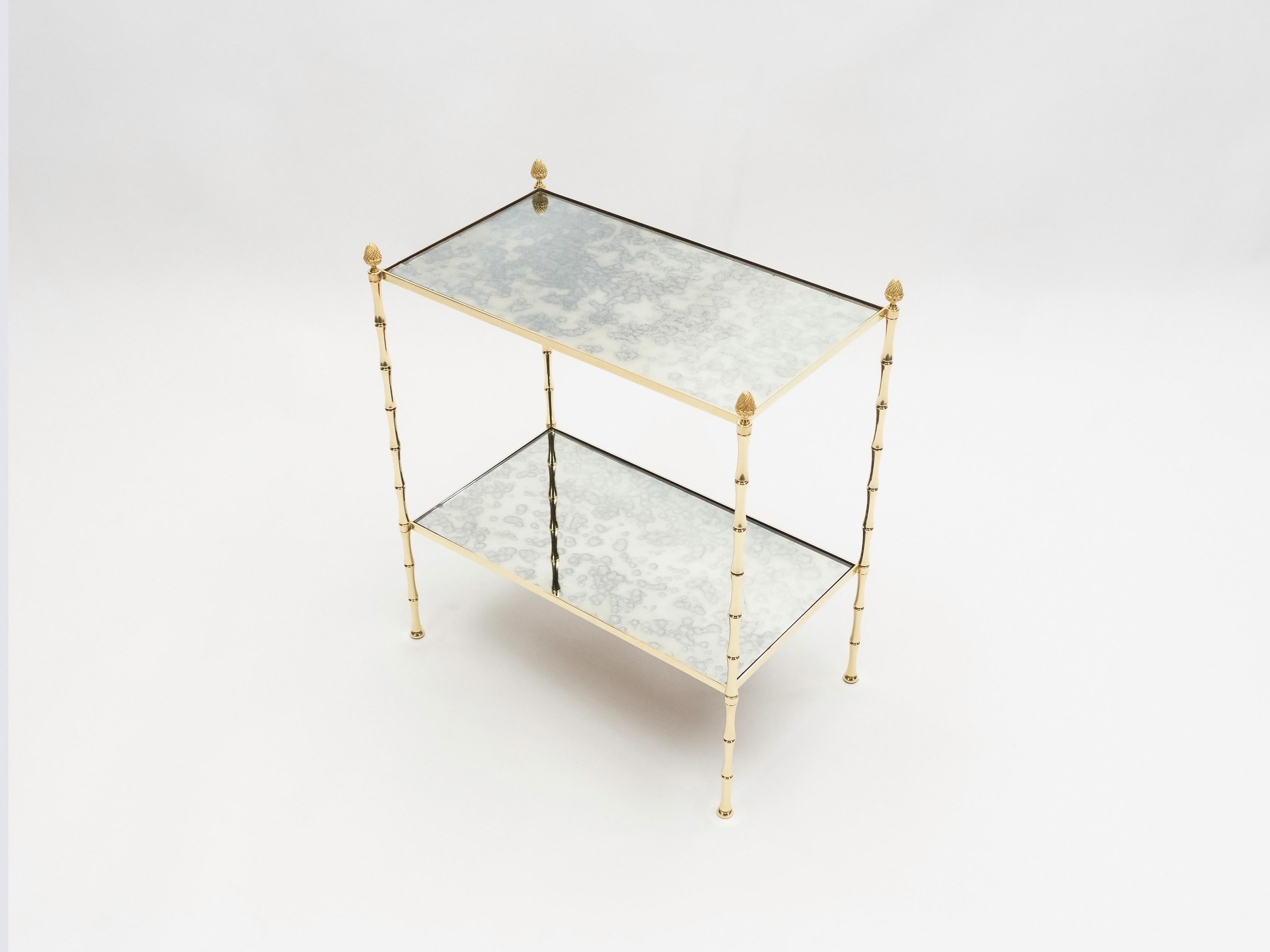 Pair of French Maison Baguès Bamboo Brass Mirrored Two-Tier End Tables, 1960s 4