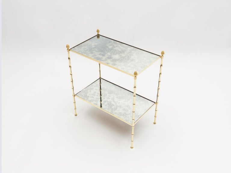 Pair of French Maison Baguès Bamboo Brass Mirrored Two-Tier End Tables, 1960s For Sale 4