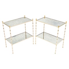 Pair of French Maison Baguès Bamboo Brass Mirrored Two-Tier End Tables, 1960s