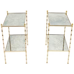 Pair of French Maison Baguès Bamboo Brass Mirrored Two-Tier End Tables, 1960s