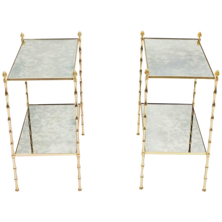 Pair of French Maison Baguès Bamboo Brass Mirrored Two-Tier End Tables, 1960s For Sale