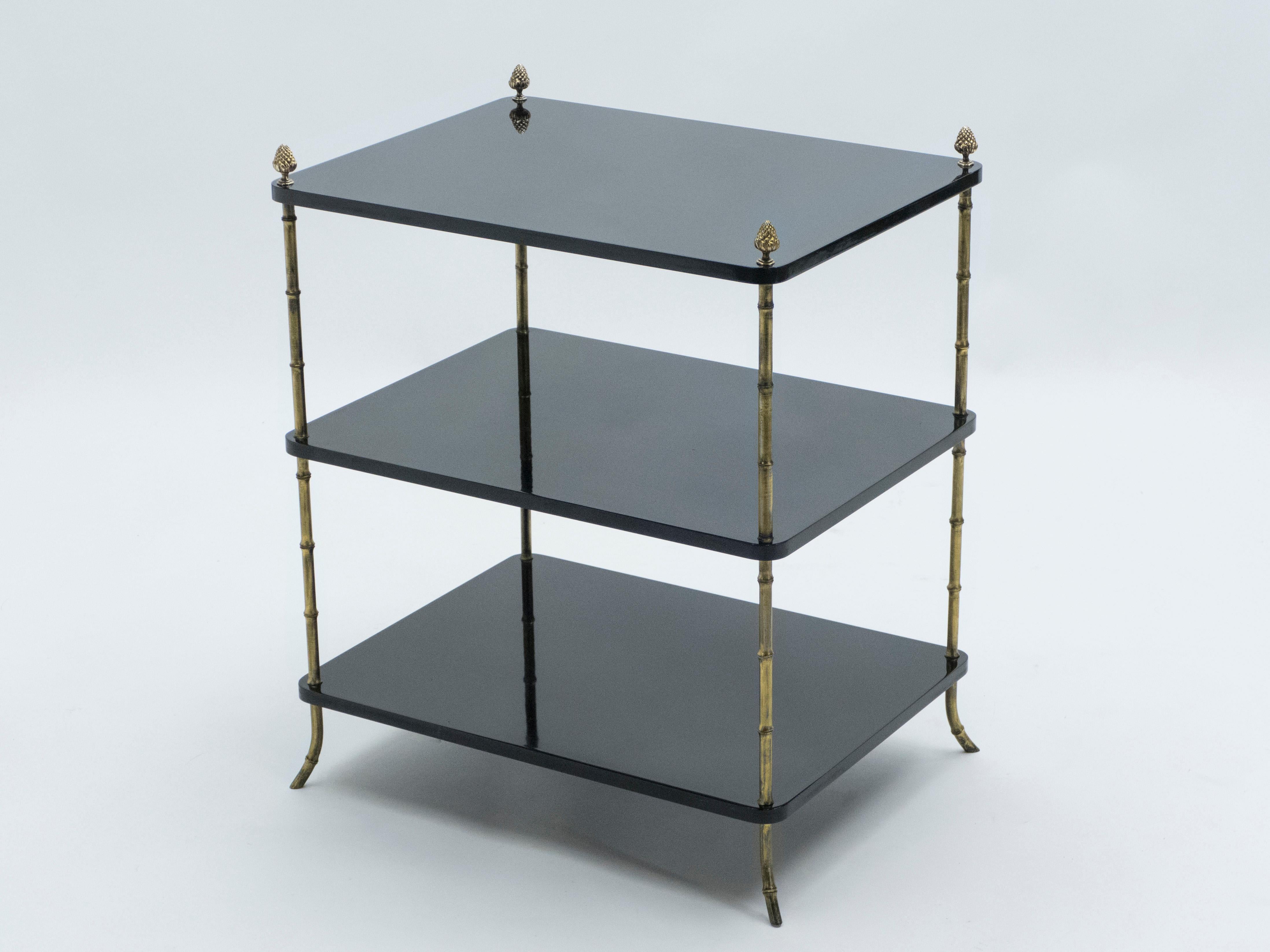 Pair of French Maison Baguès Brass Black Lacquer Three-Tier Side Tables, 1950s 7