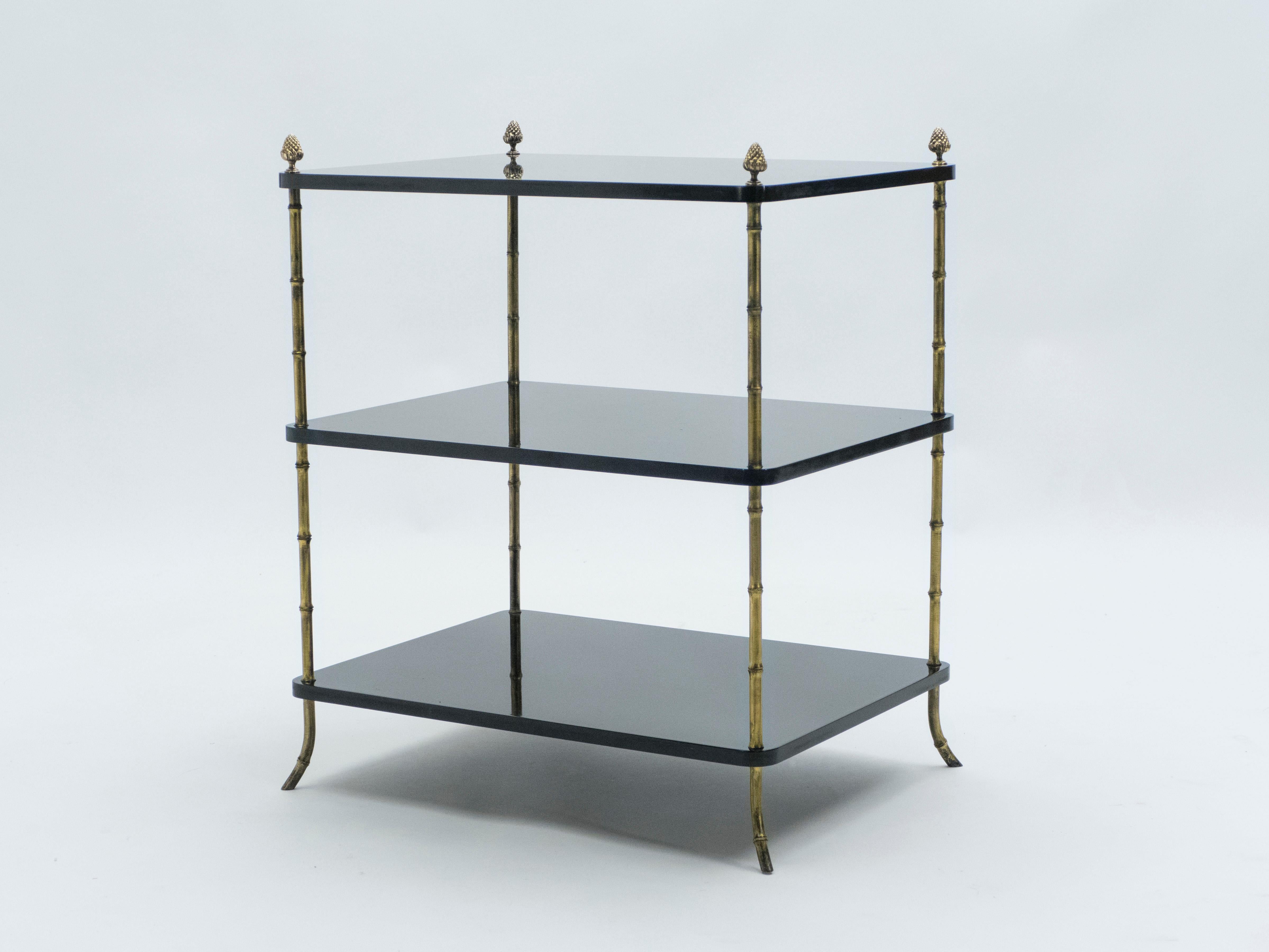 Pair of French Maison Baguès Brass Black Lacquer Three-Tier Side Tables, 1950s 8