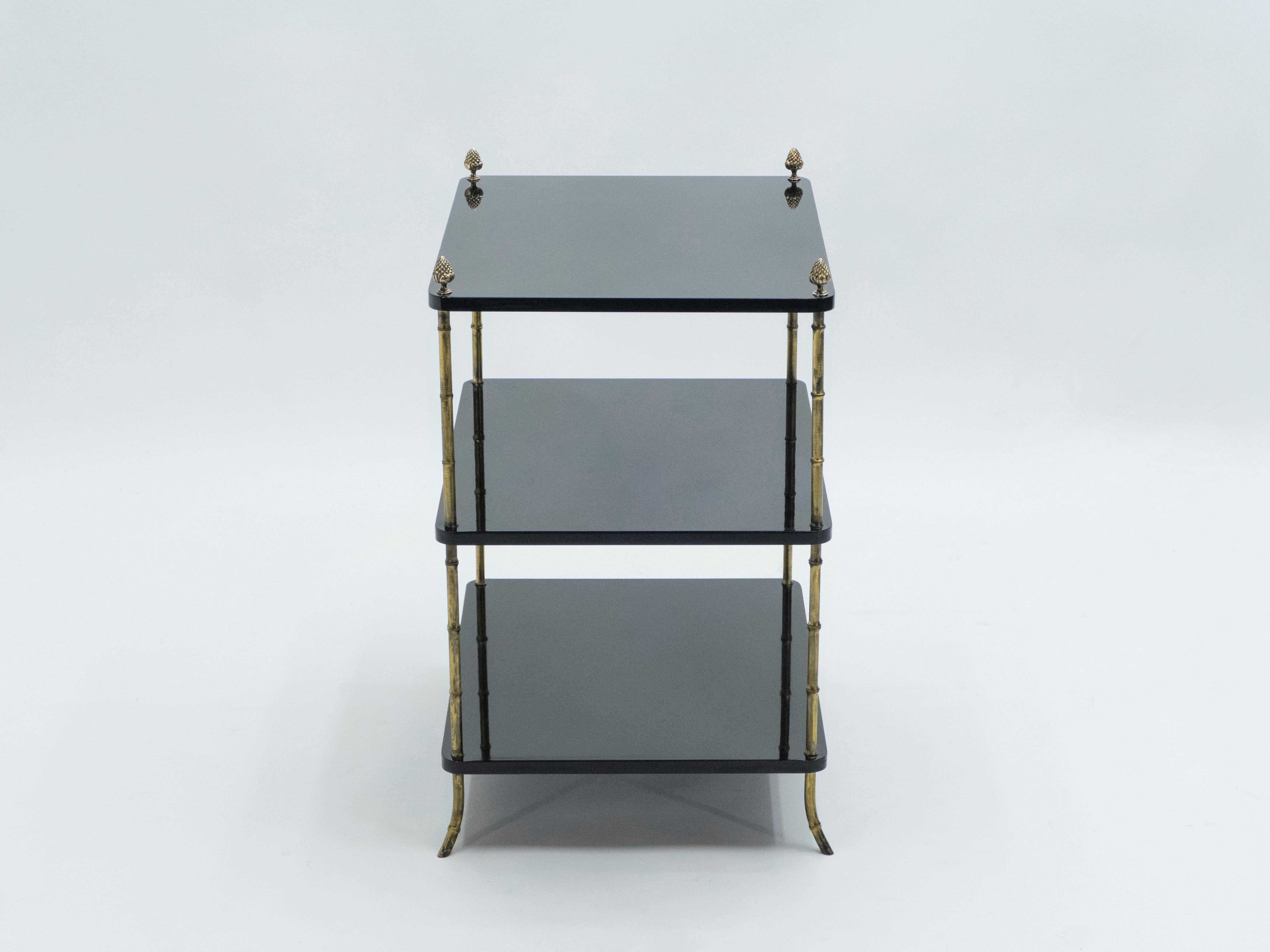 Pair of French Maison Baguès Brass Black Lacquer Three-Tier Side Tables, 1950s 9