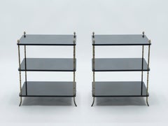 Pair of French Maison Baguès Brass Black Lacquer Three-Tier Side Tables, 1950s