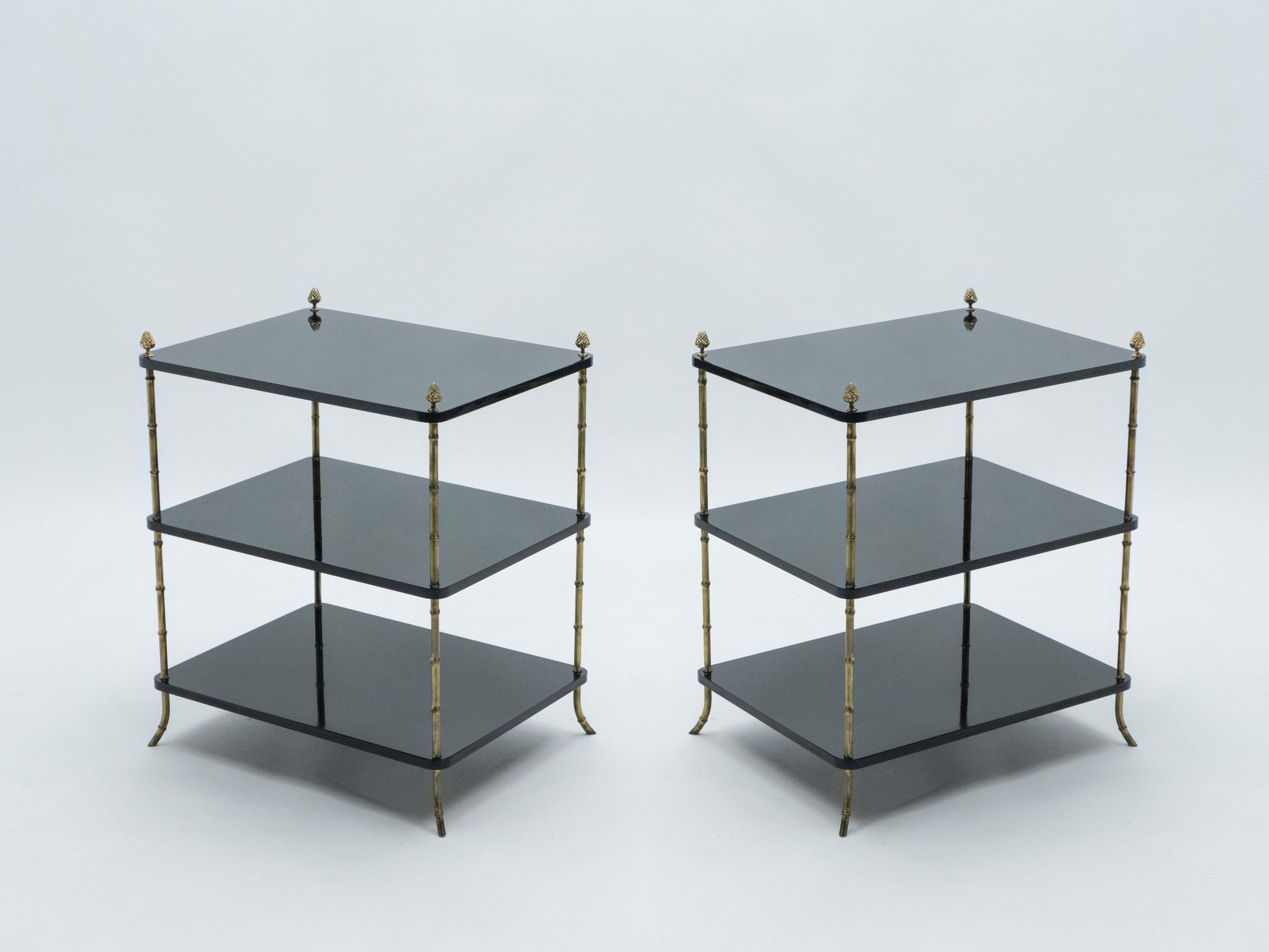 Mid-Century Modern Pair of French Maison Baguès Brass Black Lacquer Three-Tier Side Tables, 1950s