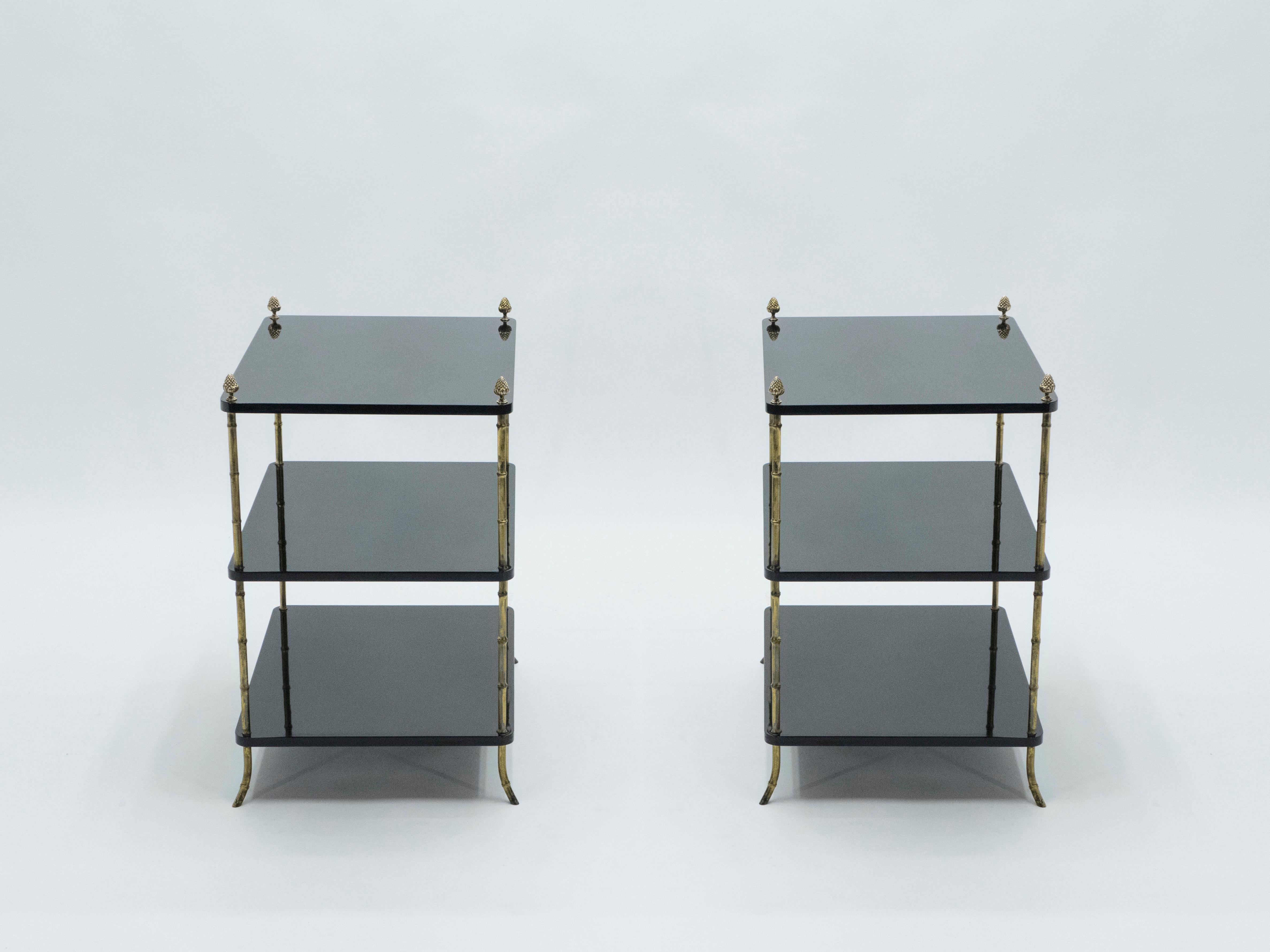 Pair of French Maison Baguès Brass Black Lacquer Three-Tier Side Tables, 1950s In Good Condition In Paris, IDF