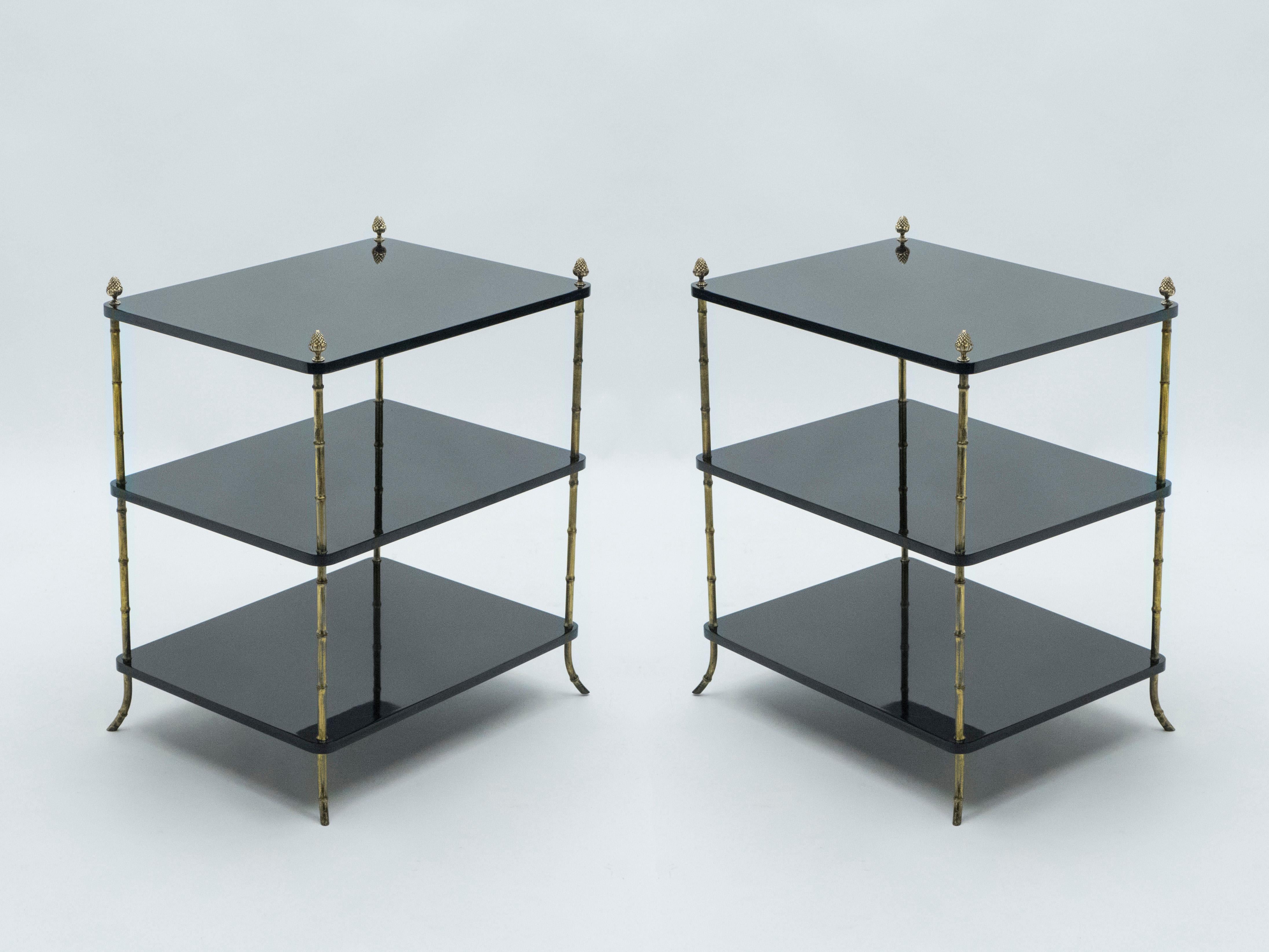 Mid-20th Century Pair of French Maison Baguès Brass Black Lacquer Three-Tier Side Tables, 1950s