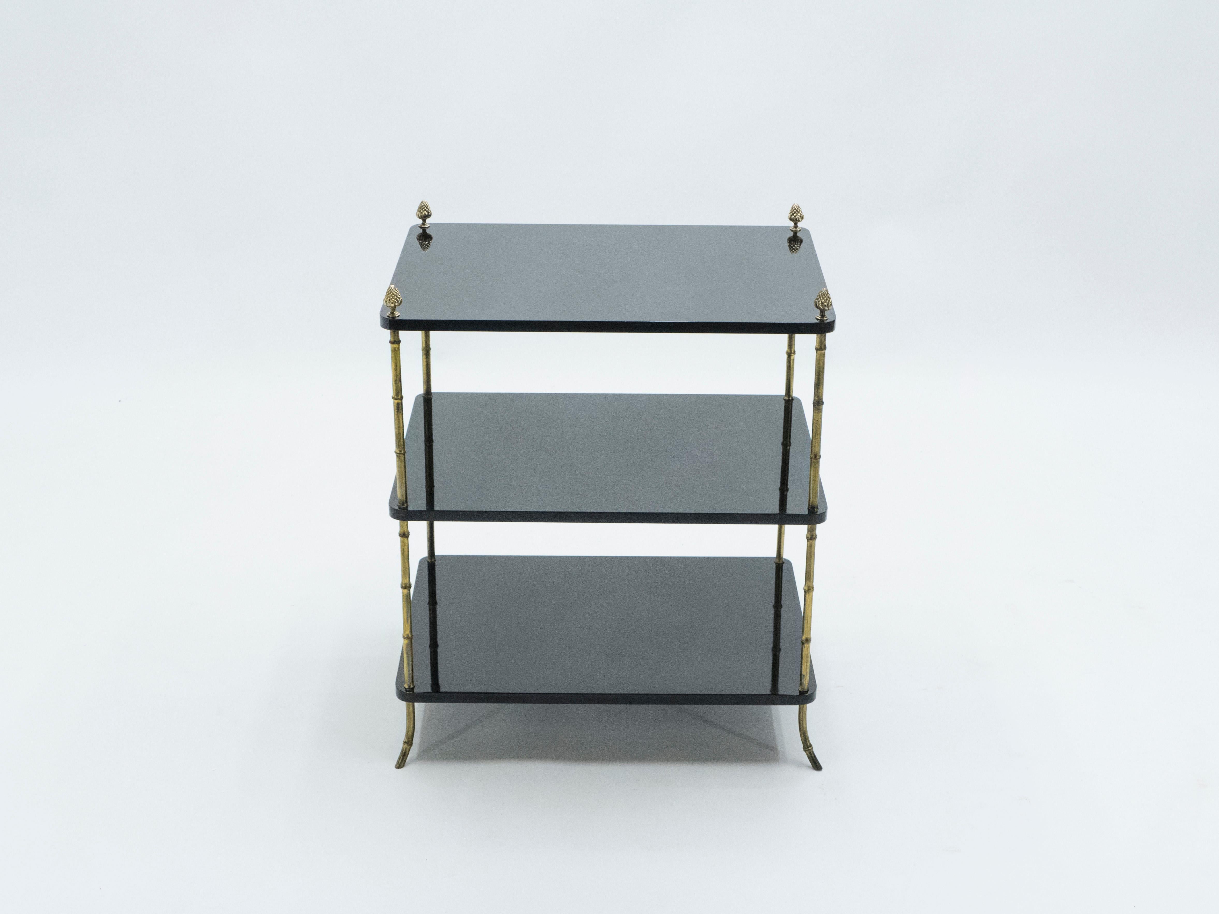 Pair of French Maison Baguès Brass Black Lacquer Three-Tier Side Tables, 1950s 1