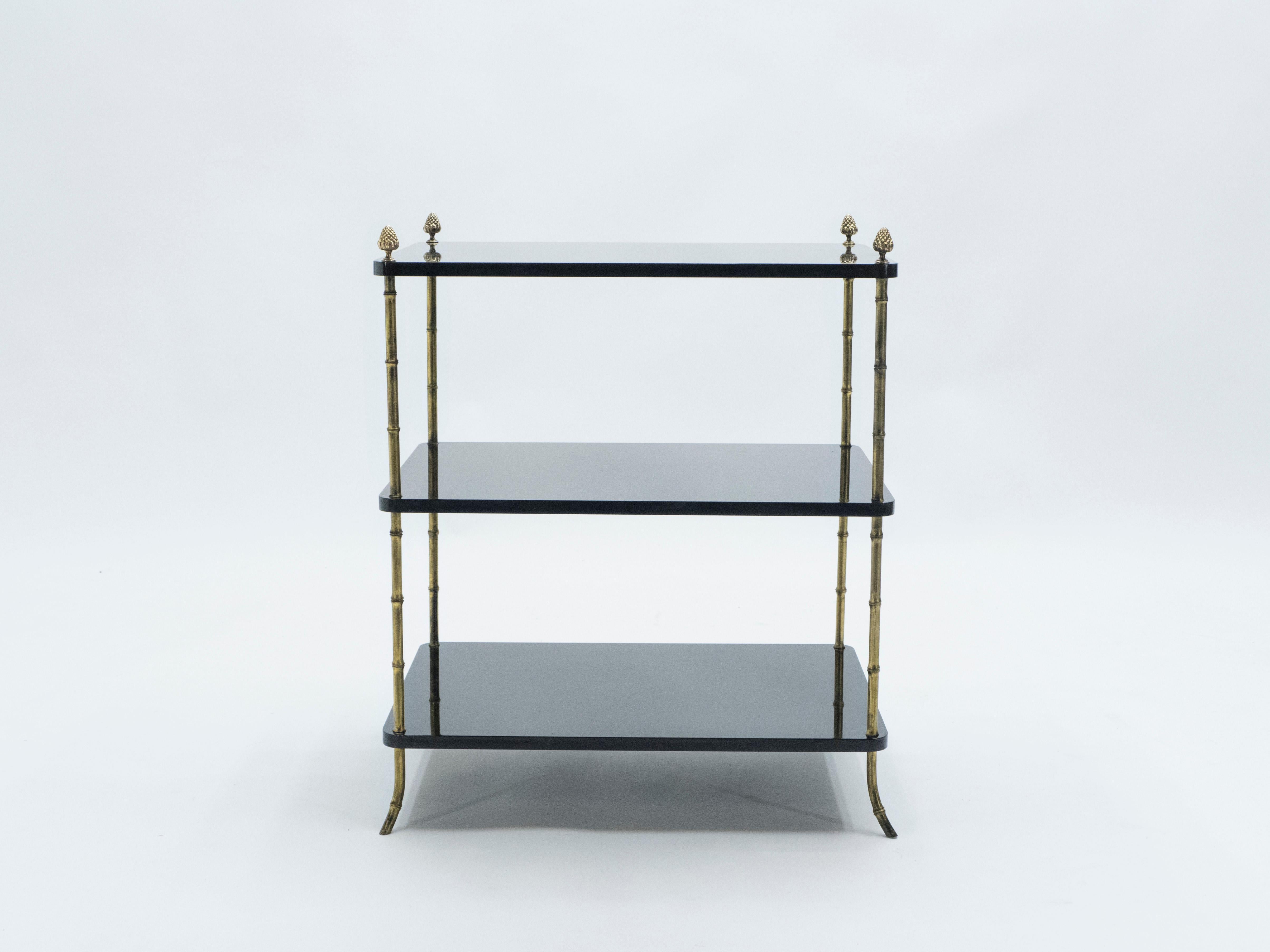 Pair of French Maison Baguès Brass Black Lacquer Three-Tier Side Tables, 1950s 2