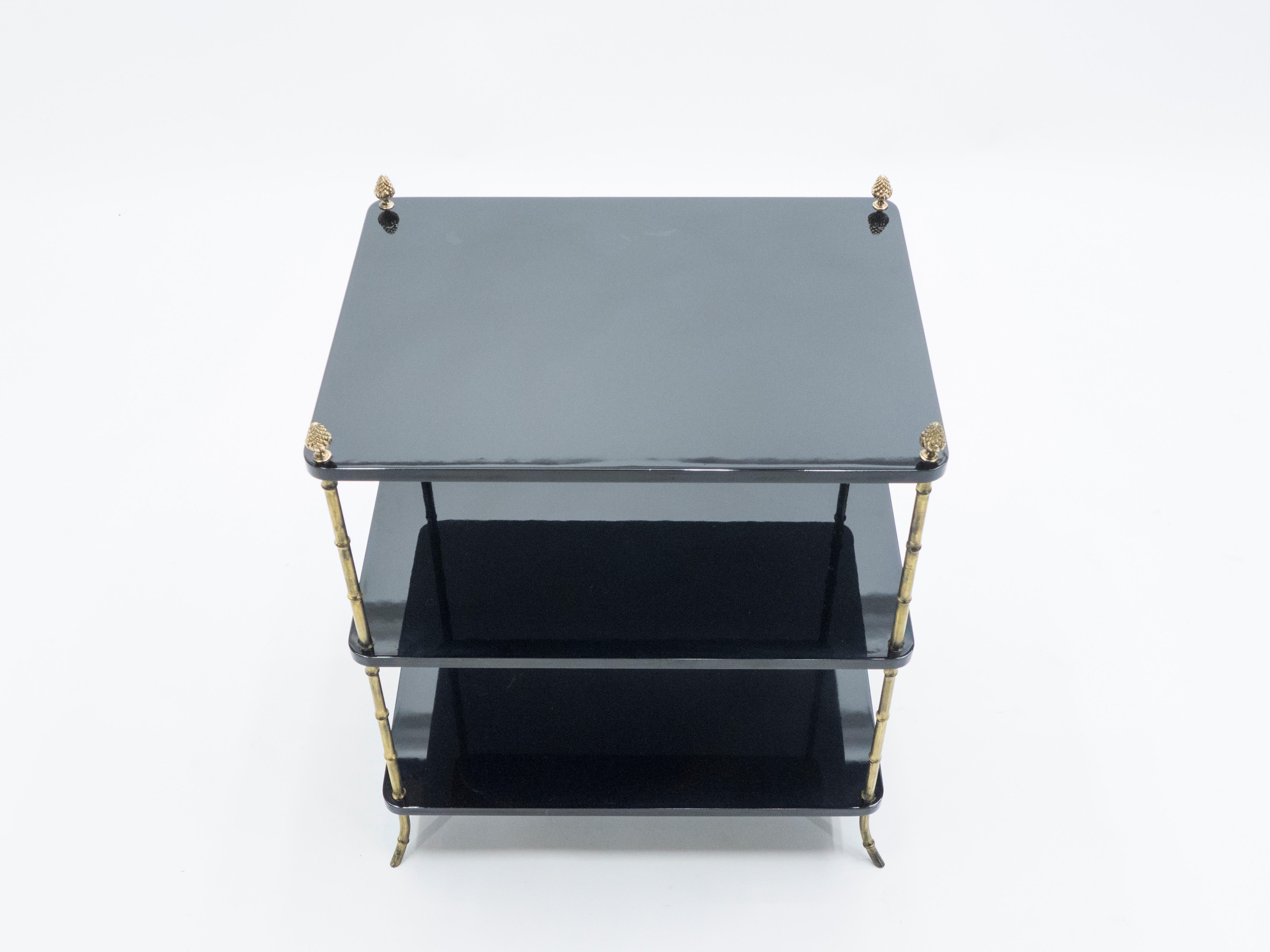 Pair of French Maison Baguès Brass Black Lacquer Three-Tier Side Tables, 1950s 3