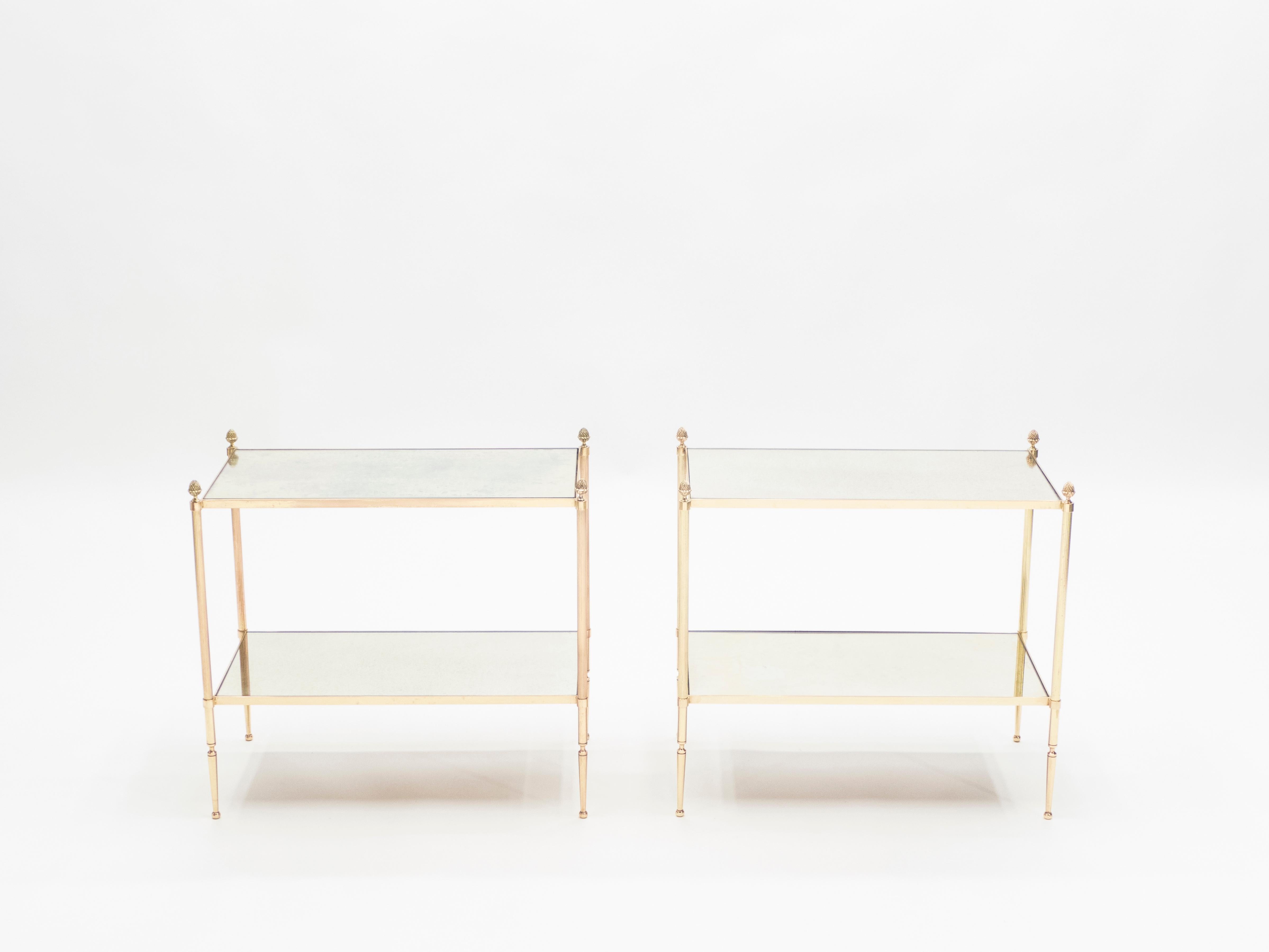 Pair of French Maison Bagues Brass Mirrored Two-Tier End Tables, 1950s 2