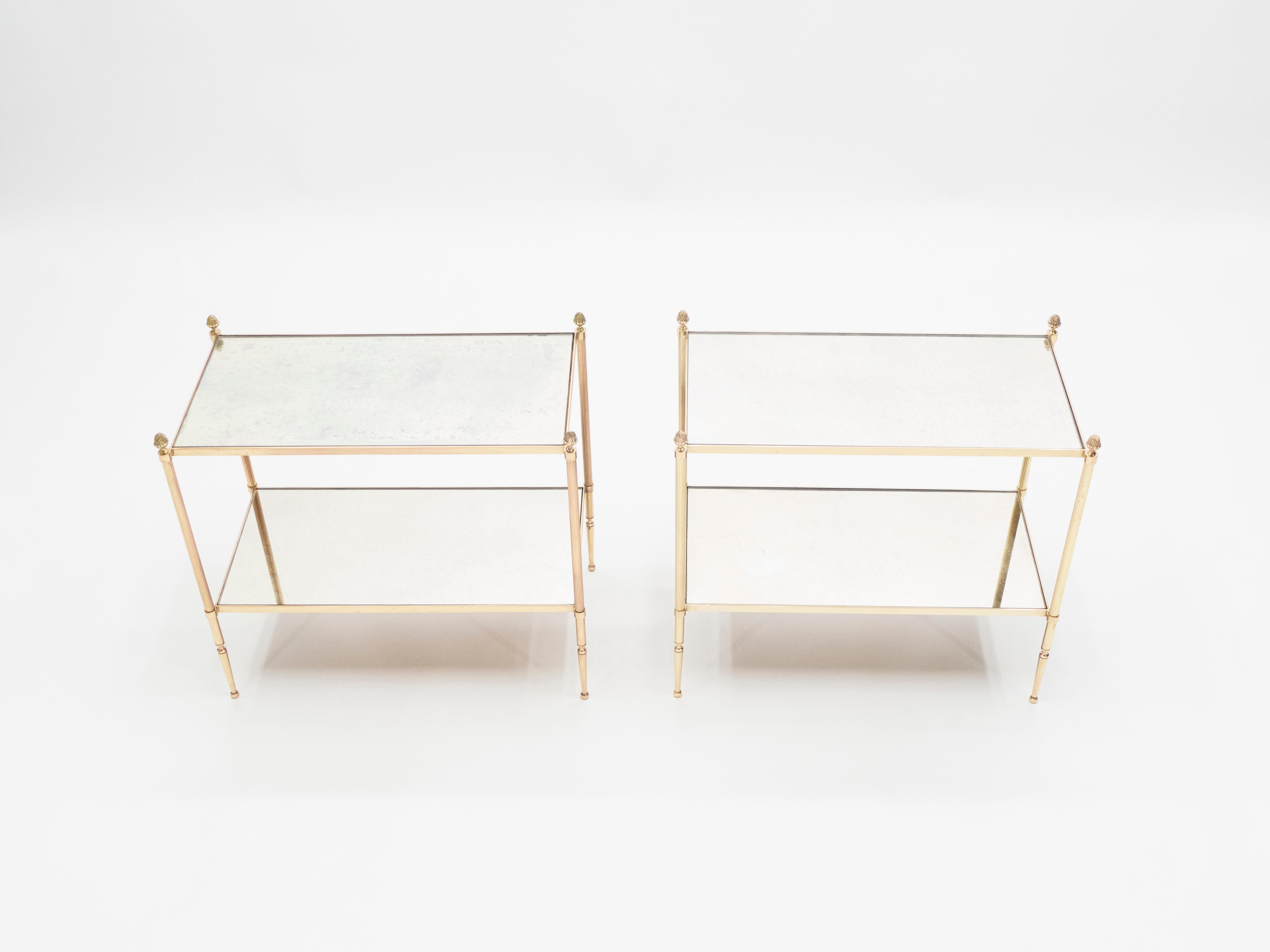 Pair of French Maison Bagues Brass Mirrored Two-Tier End Tables, 1950s 1