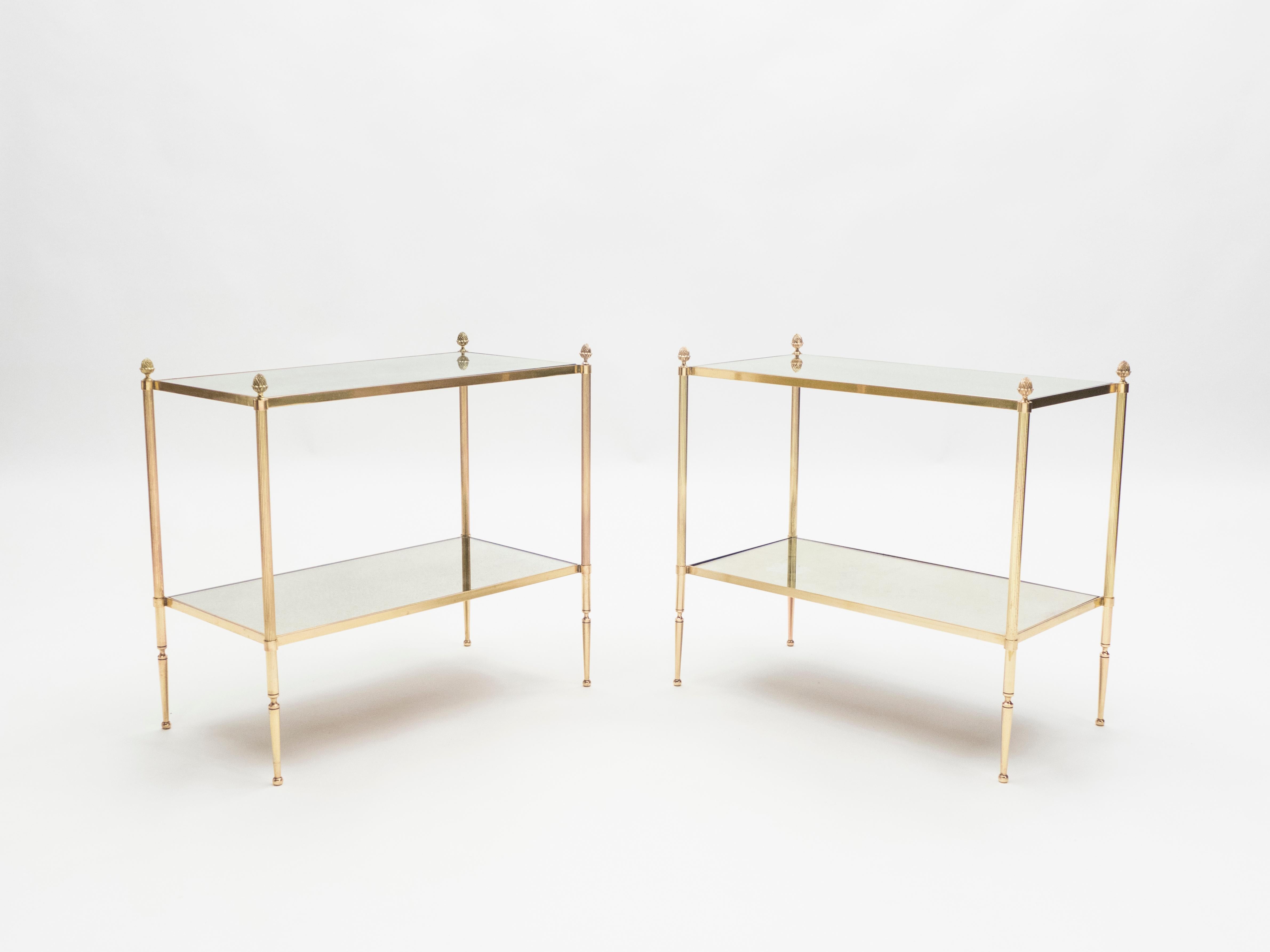 Pair of French Maison Bagues Brass Mirrored Two-Tier End Tables, 1950s 8