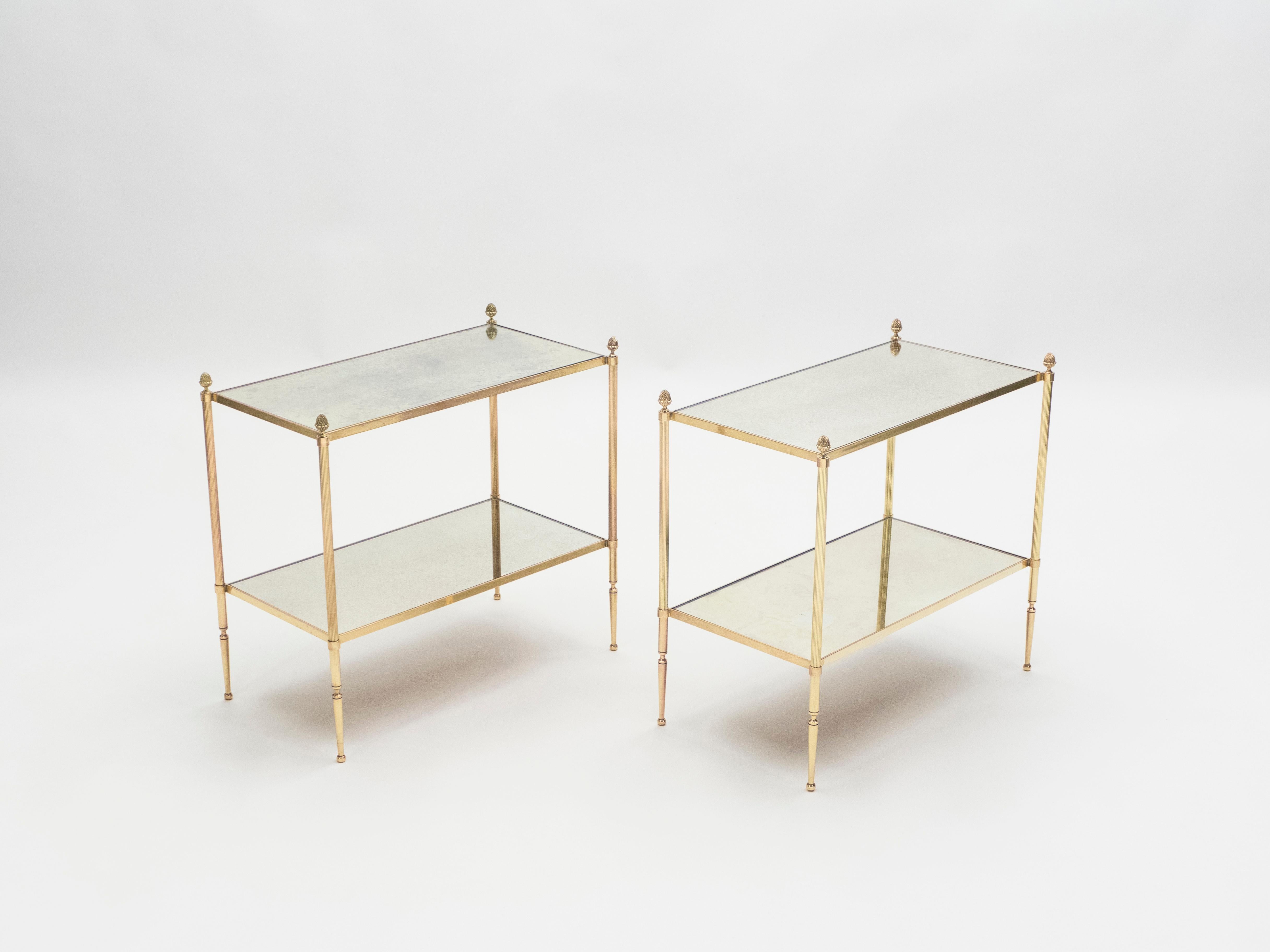 Pair of French Maison Bagues Brass Mirrored Two-Tier End Tables, 1950s 9