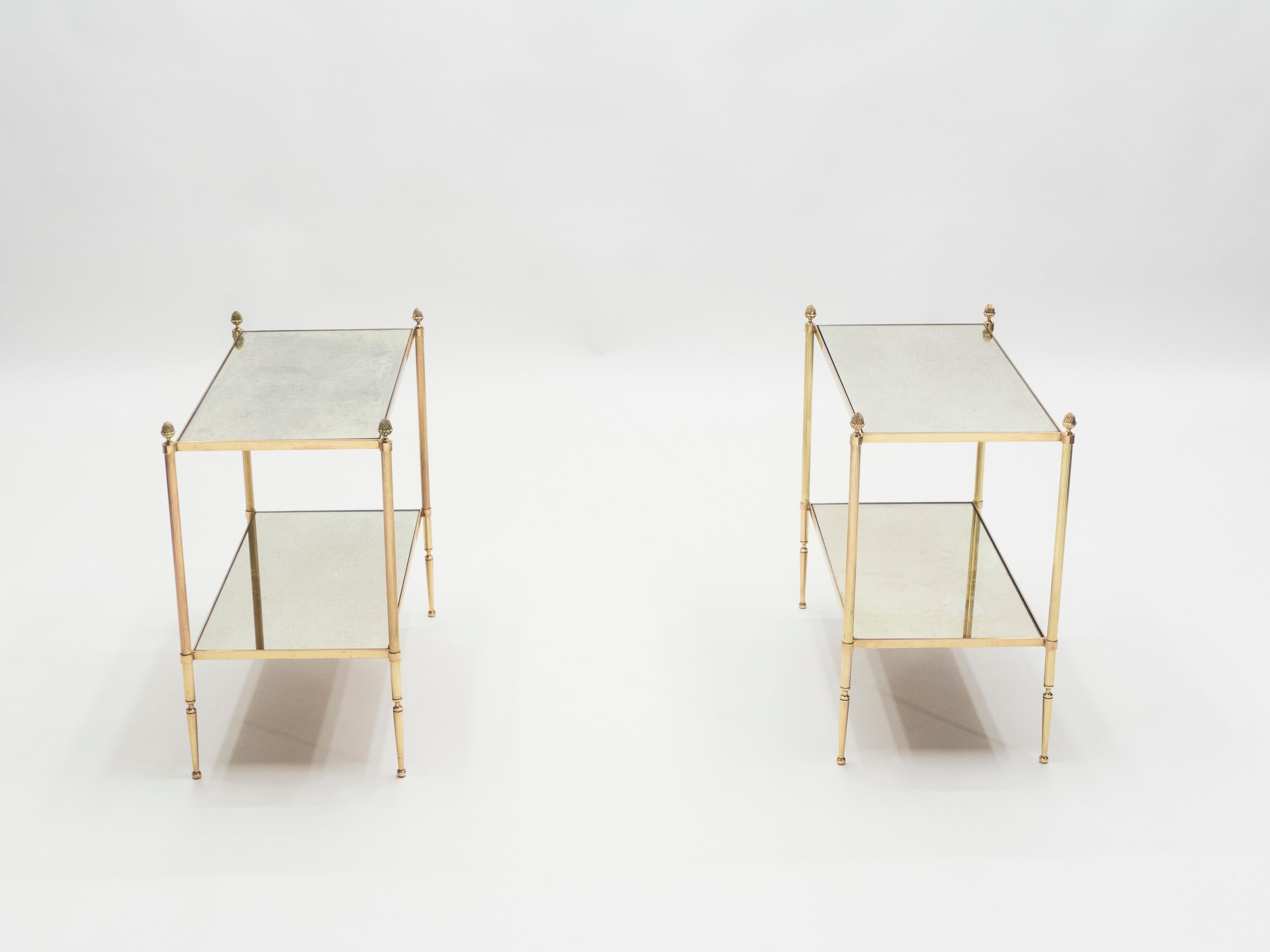 Pair of French Maison Bagues Brass Mirrored Two-Tier End Tables, 1950s 10