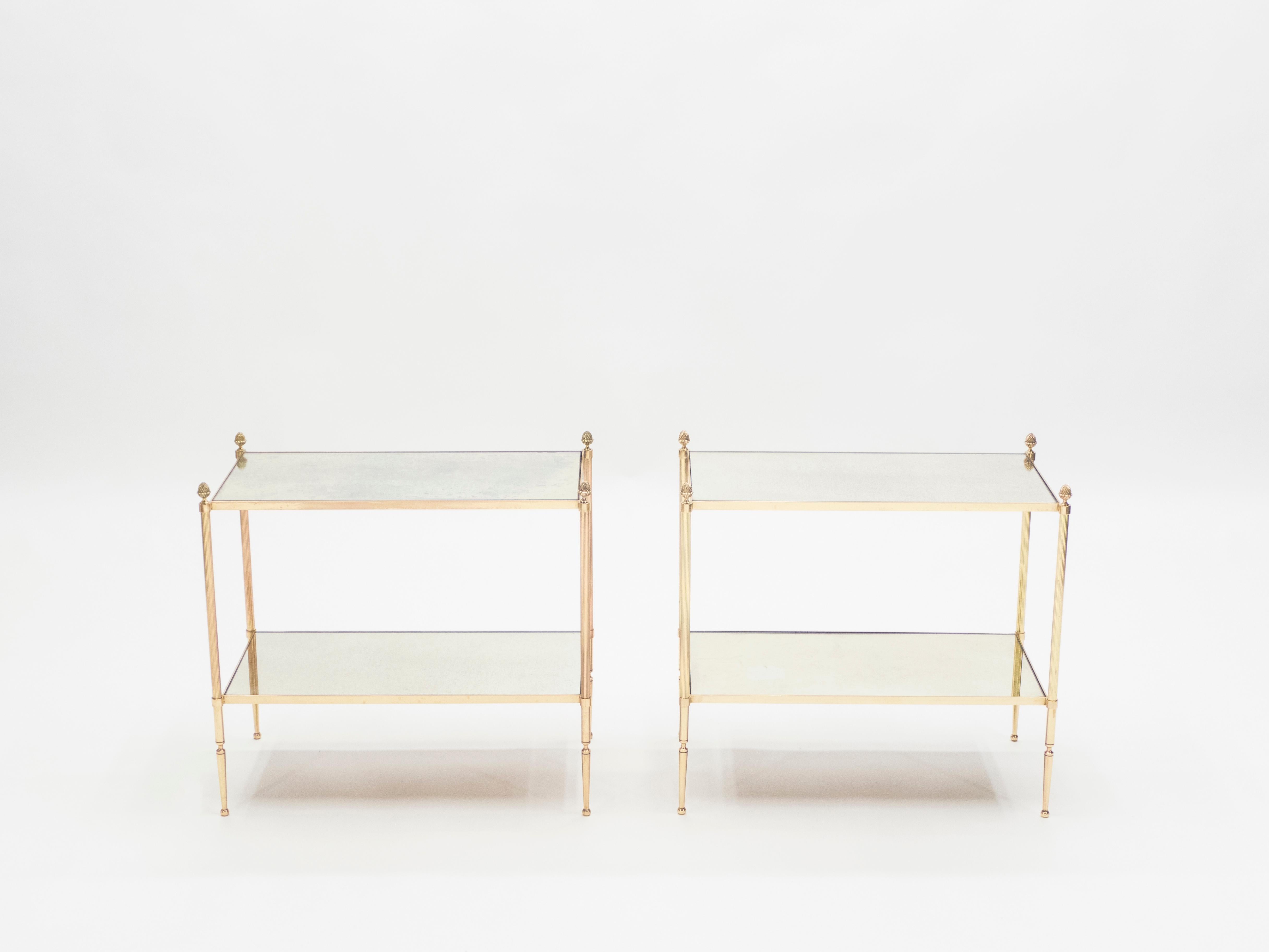 Mid-Century Modern Pair of French Maison Bagues Brass Mirrored Two-Tier End Tables, 1950s