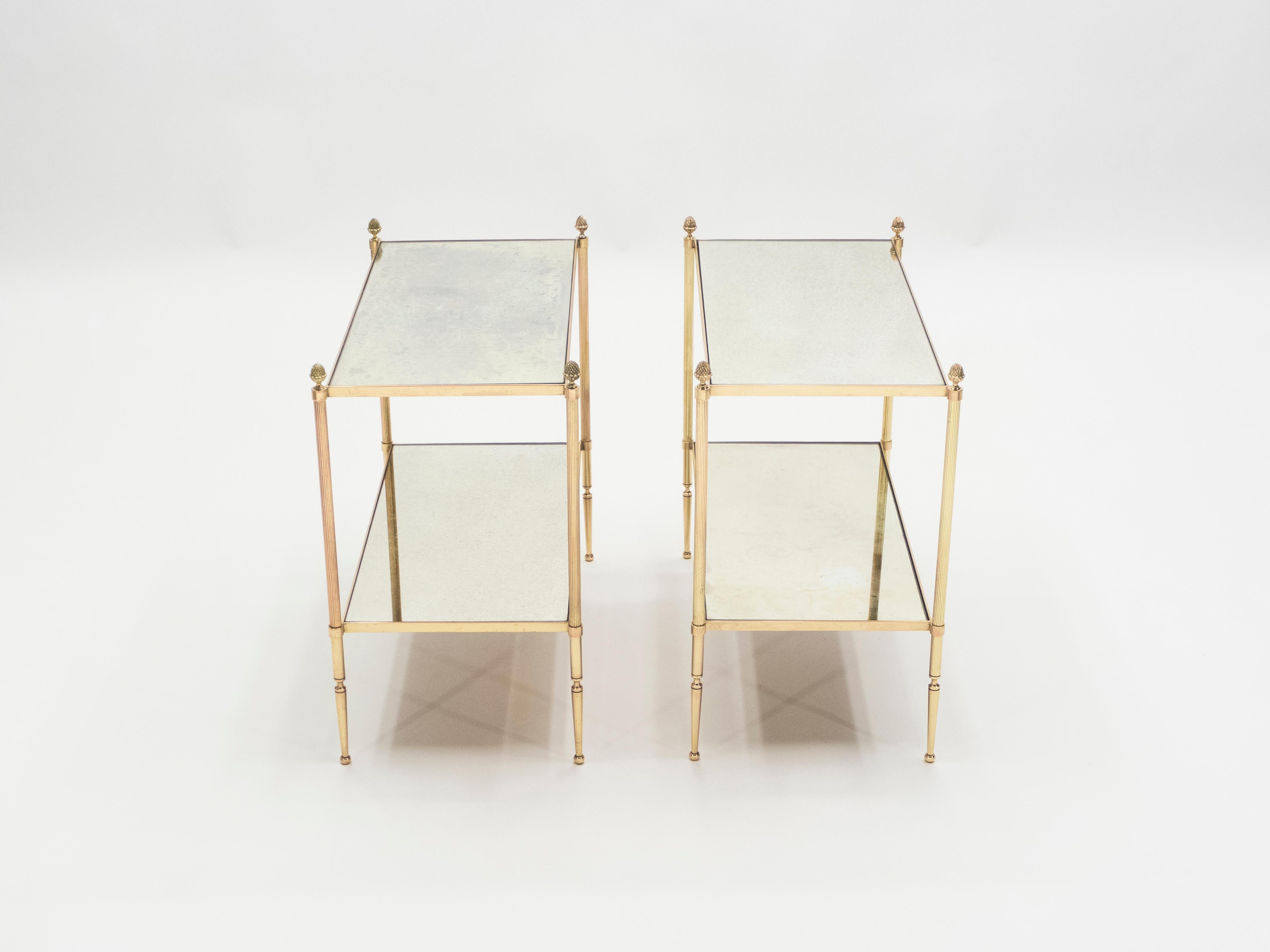 Pair of French Maison Bagues Brass Mirrored Two-Tier End Tables, 1950s In Good Condition In Paris, IDF