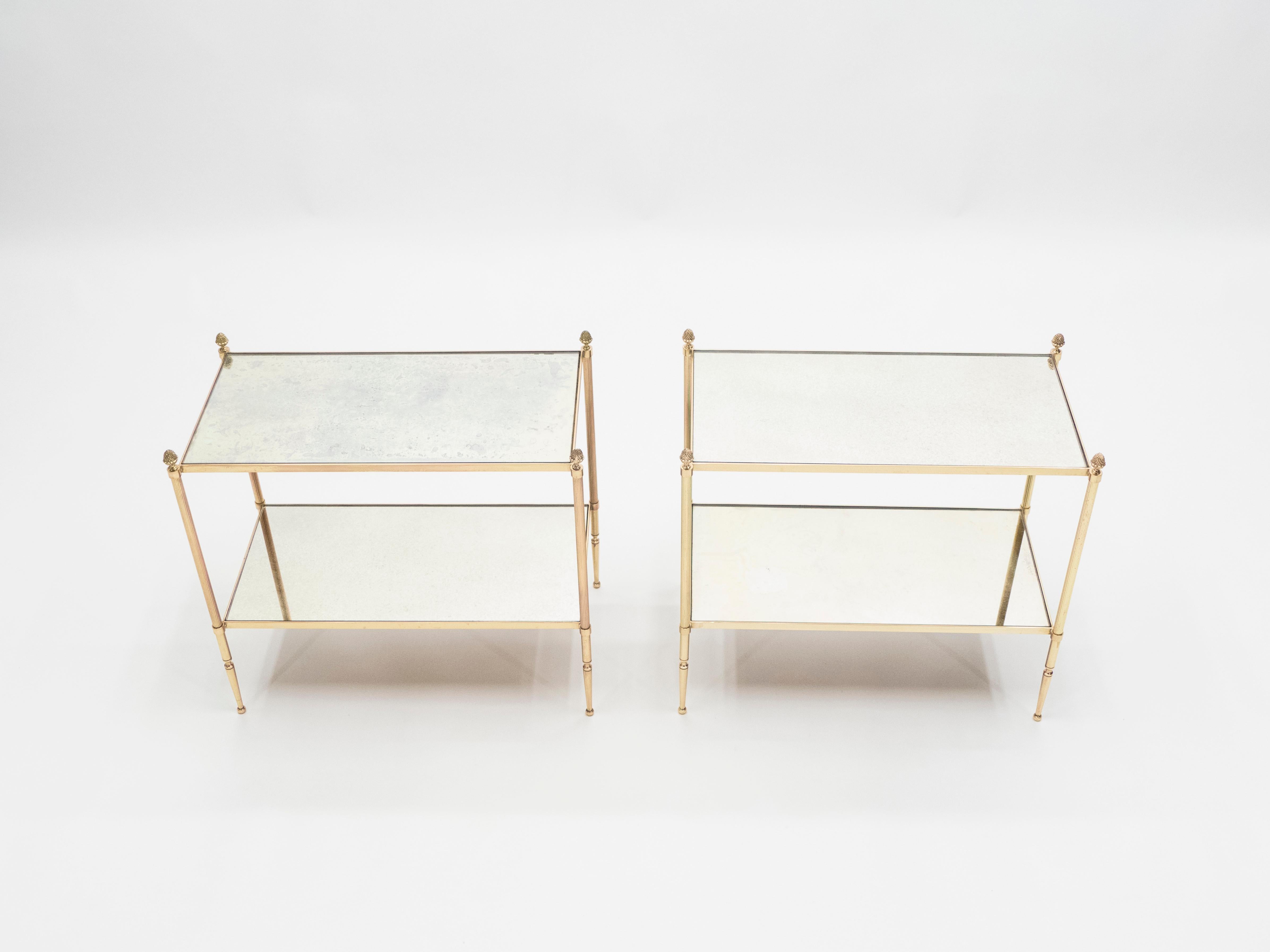 Mid-20th Century Pair of French Maison Bagues Brass Mirrored Two-Tier End Tables, 1950s