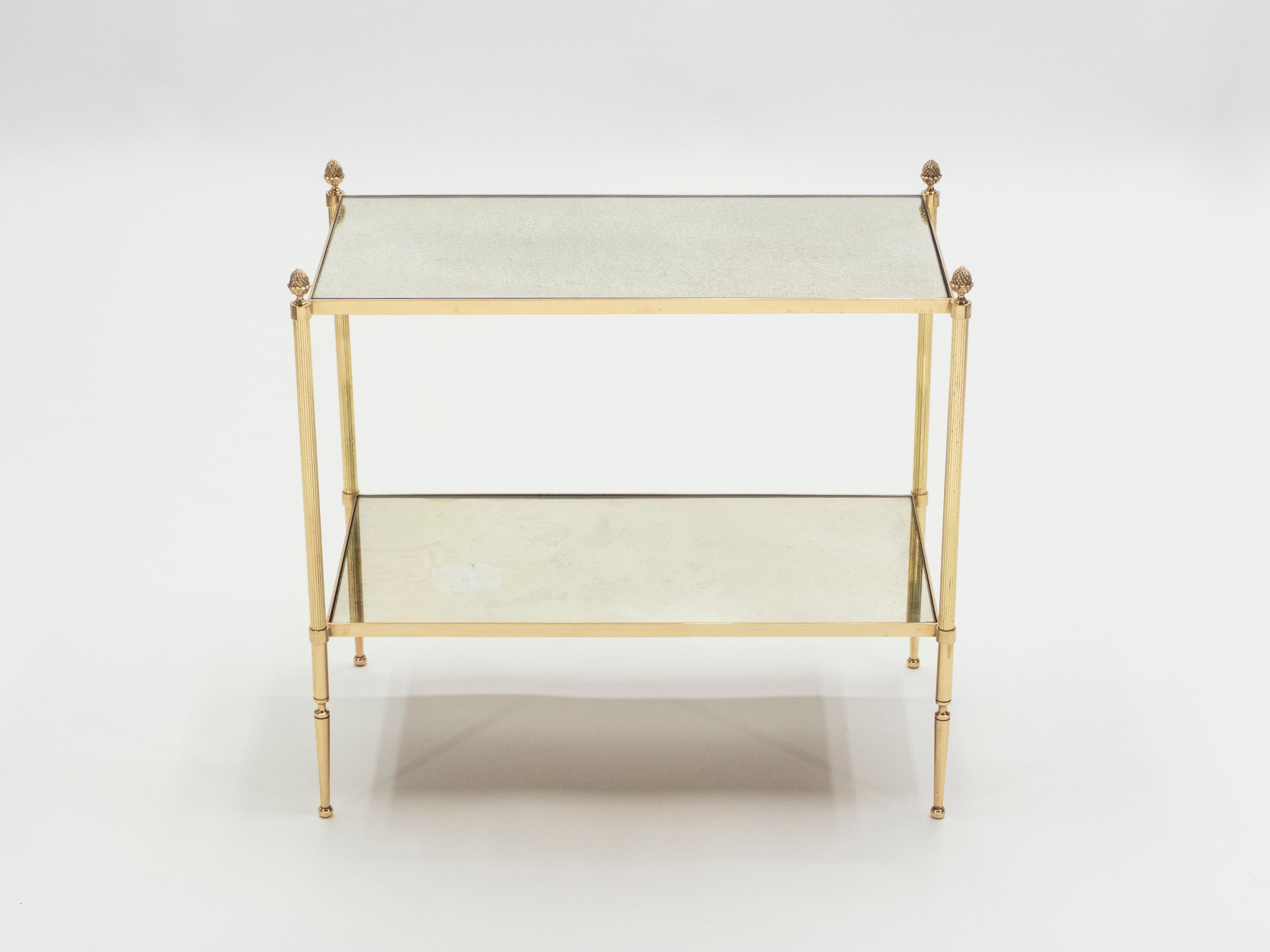 Pair of French Maison Bagues Brass Mirrored Two-Tier End Tables, 1950s 3