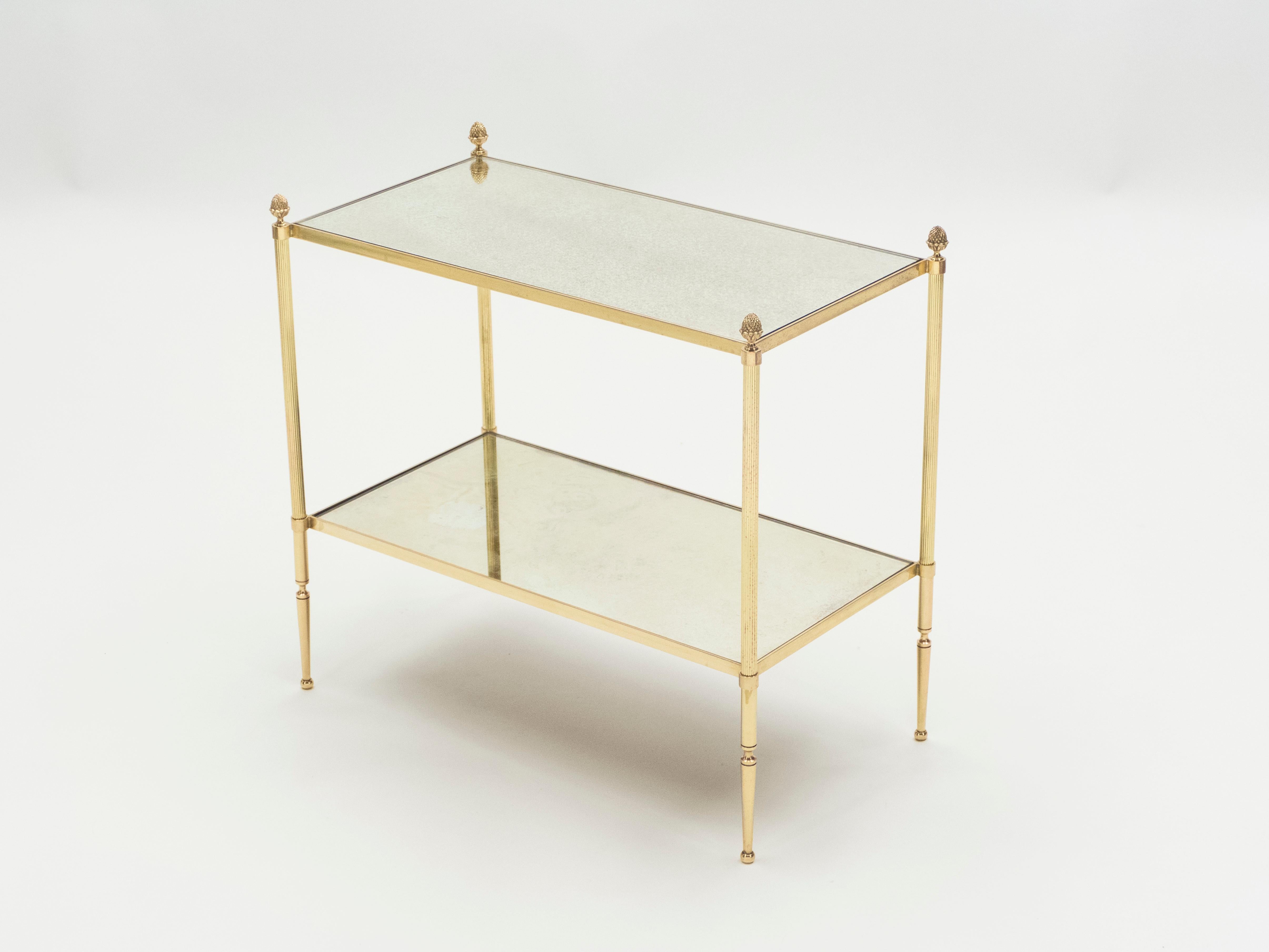 Pair of French Maison Bagues Brass Mirrored Two-Tier End Tables, 1950s 4