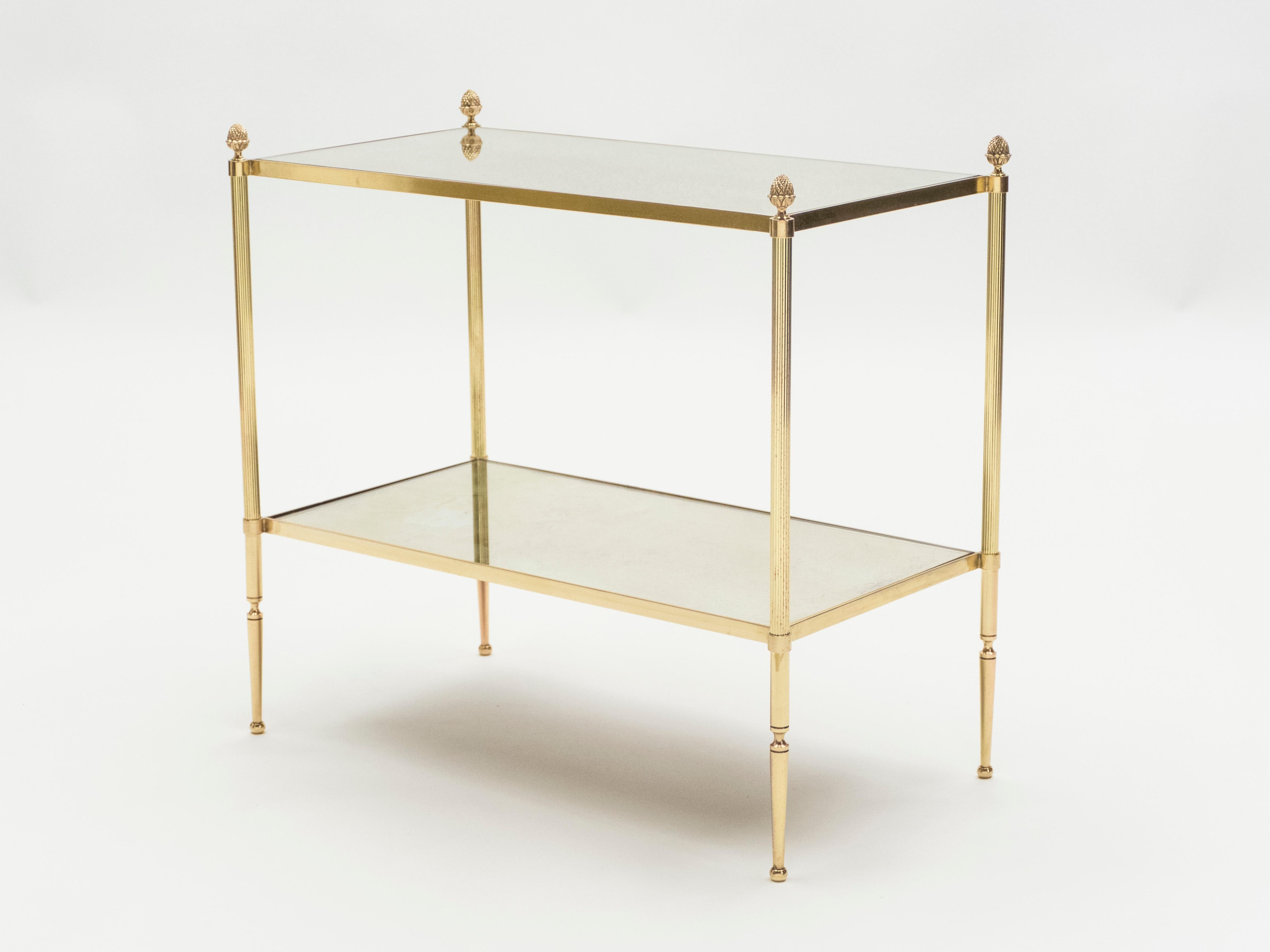 Pair of French Maison Bagues Brass Mirrored Two-Tier End Tables, 1950s 5