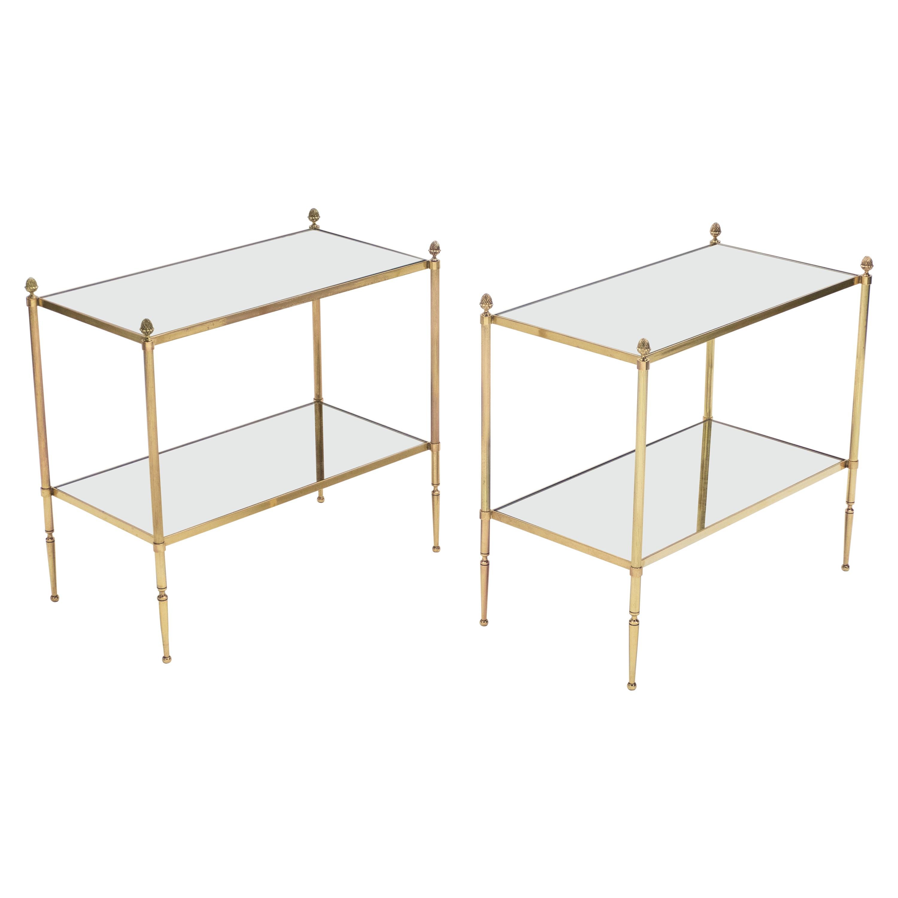 Pair of French Maison Bagues Brass Mirrored Two-Tier End Tables, 1950s
