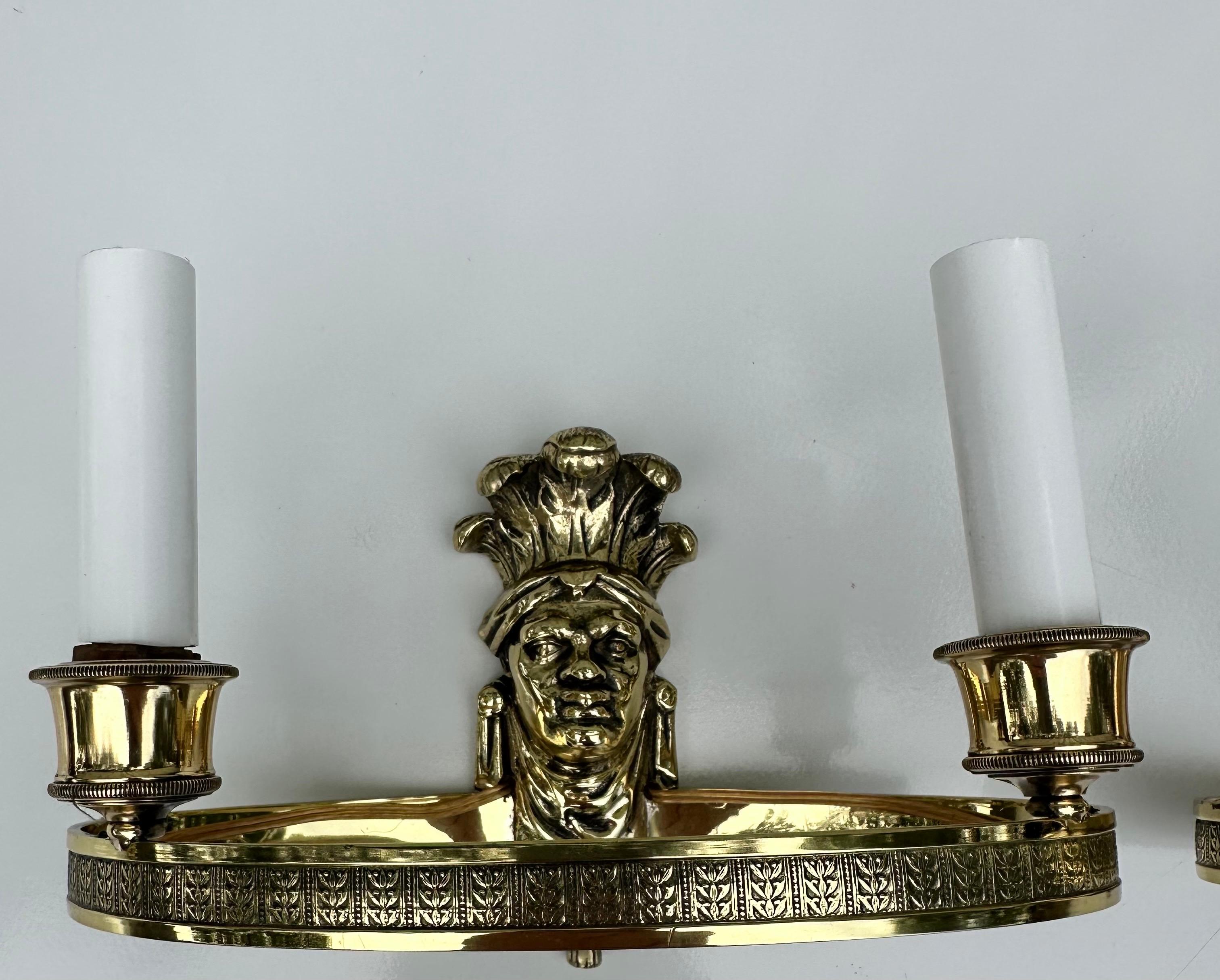 Pair of high quality bronze French sconces by maison Bagues.
US rewired and in working condition.
2 lights , 60 watts max bulb.
2 pairs available.