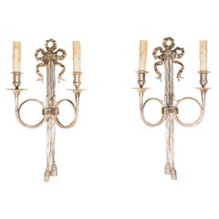 Pair of French Maison Baguès Inspired Silvered Bronze Sconces with Hunting Horns