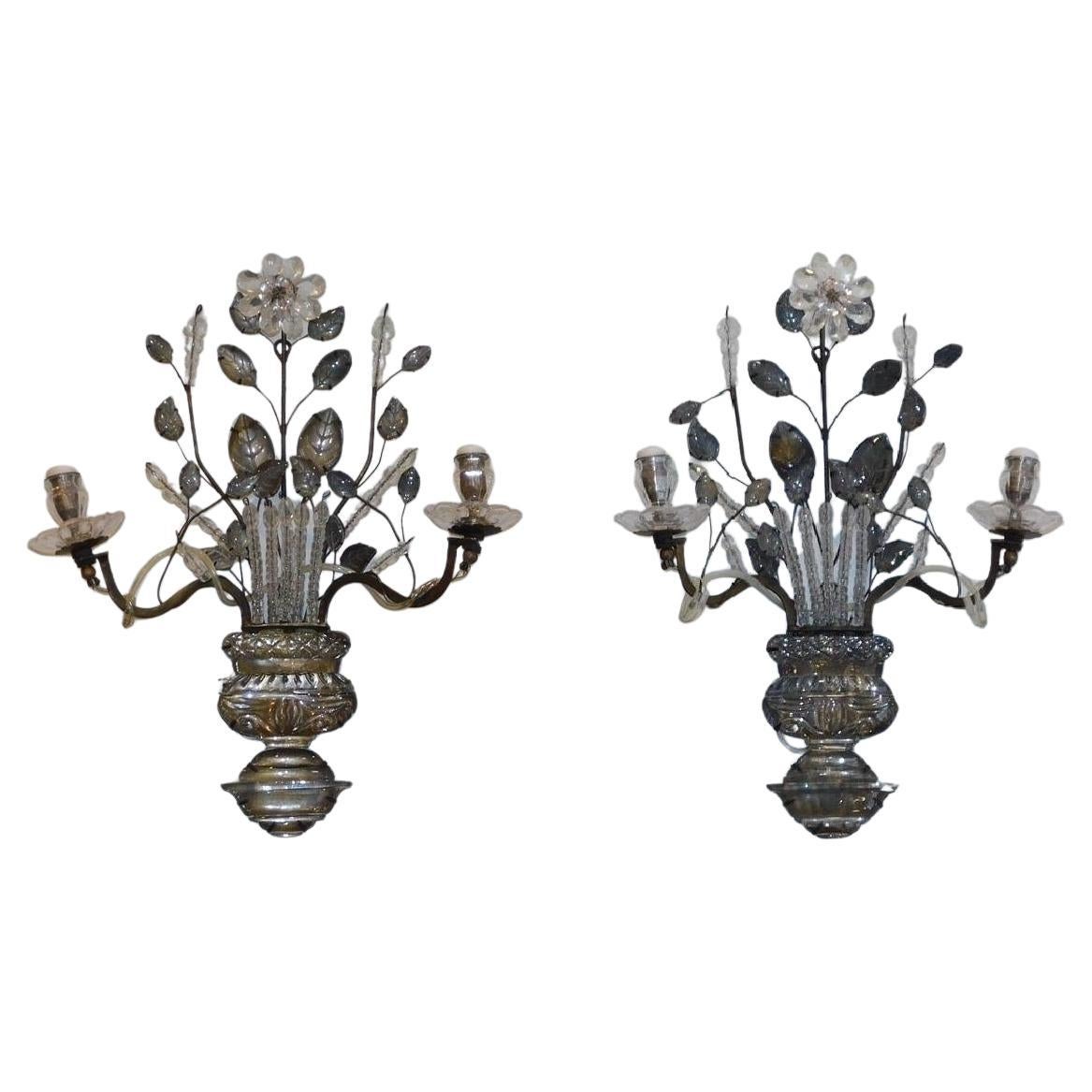 Pair of French Maison Bagues Rock Crystal & Bronze Wall Sconces, 20th Century