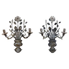 Pair of French Maison Bagues Rock Crystal & Bronze Wall Sconces, 20th Century