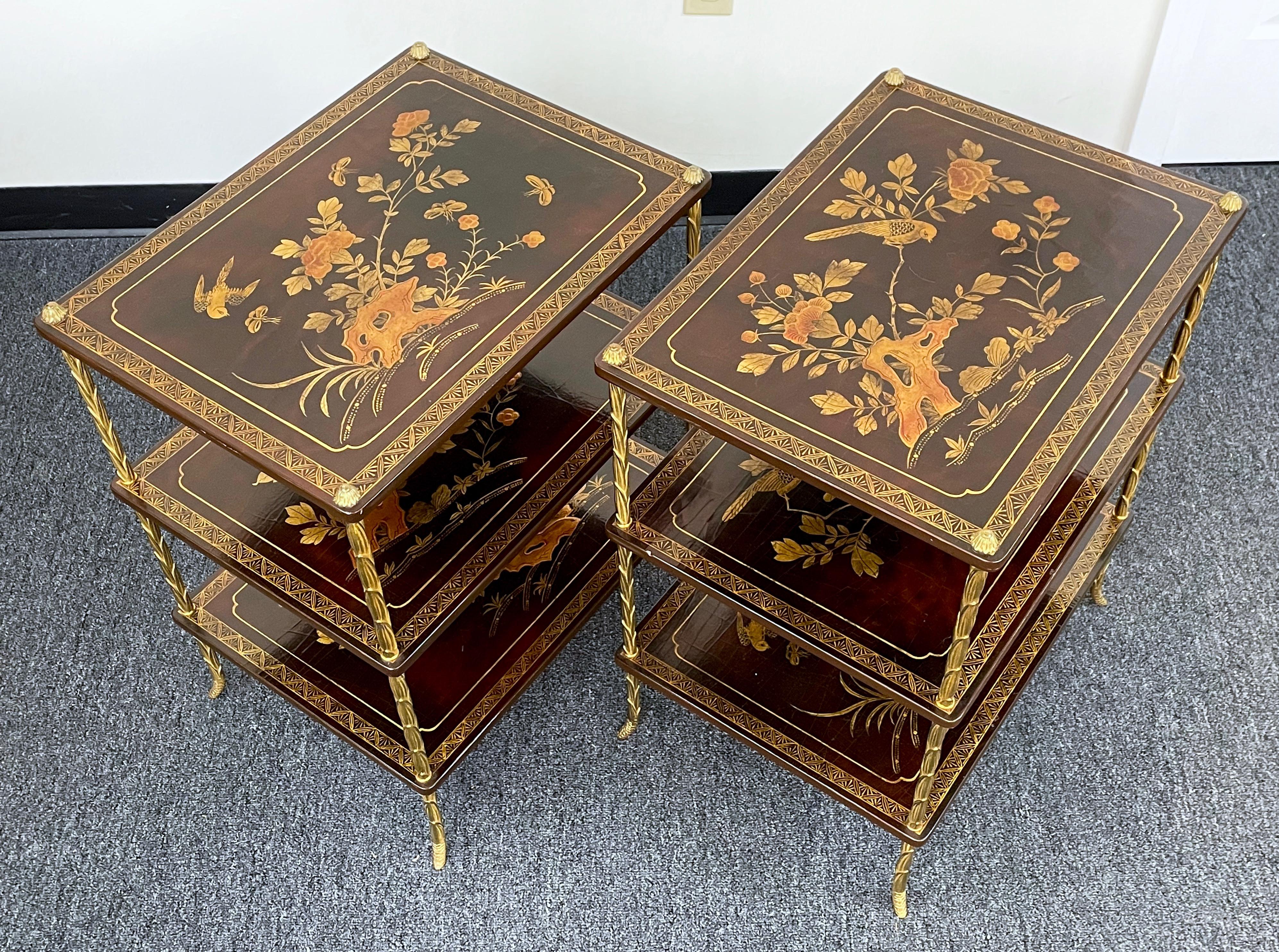 Gilt Pair of French Maison Baguès Three-tiered Chinoiserie Side Tables For Sale