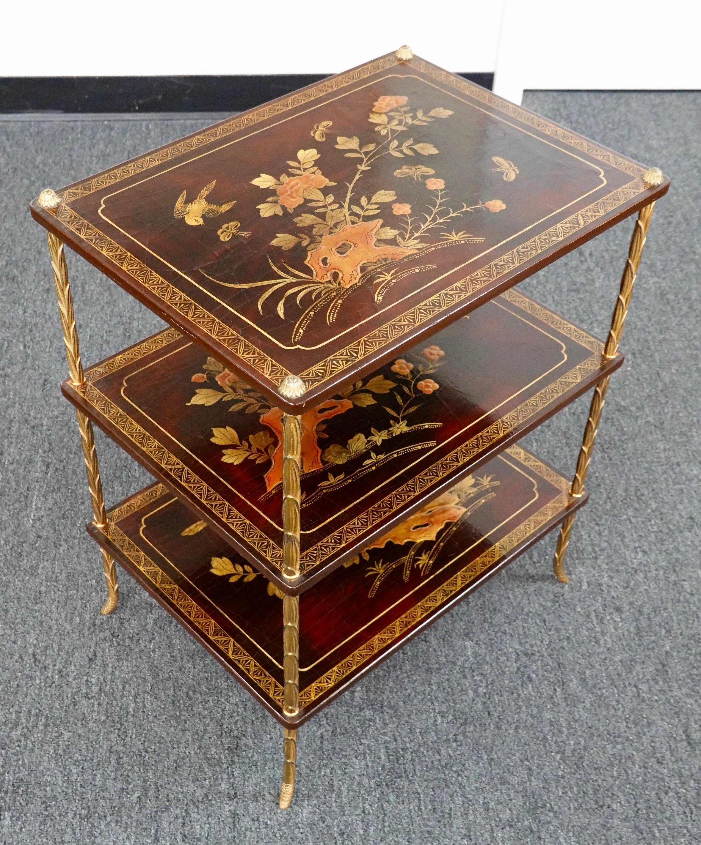 Pair of French Maison Baguès Three-tiered Chinoiserie Side Tables In Good Condition For Sale In Pembroke, MA