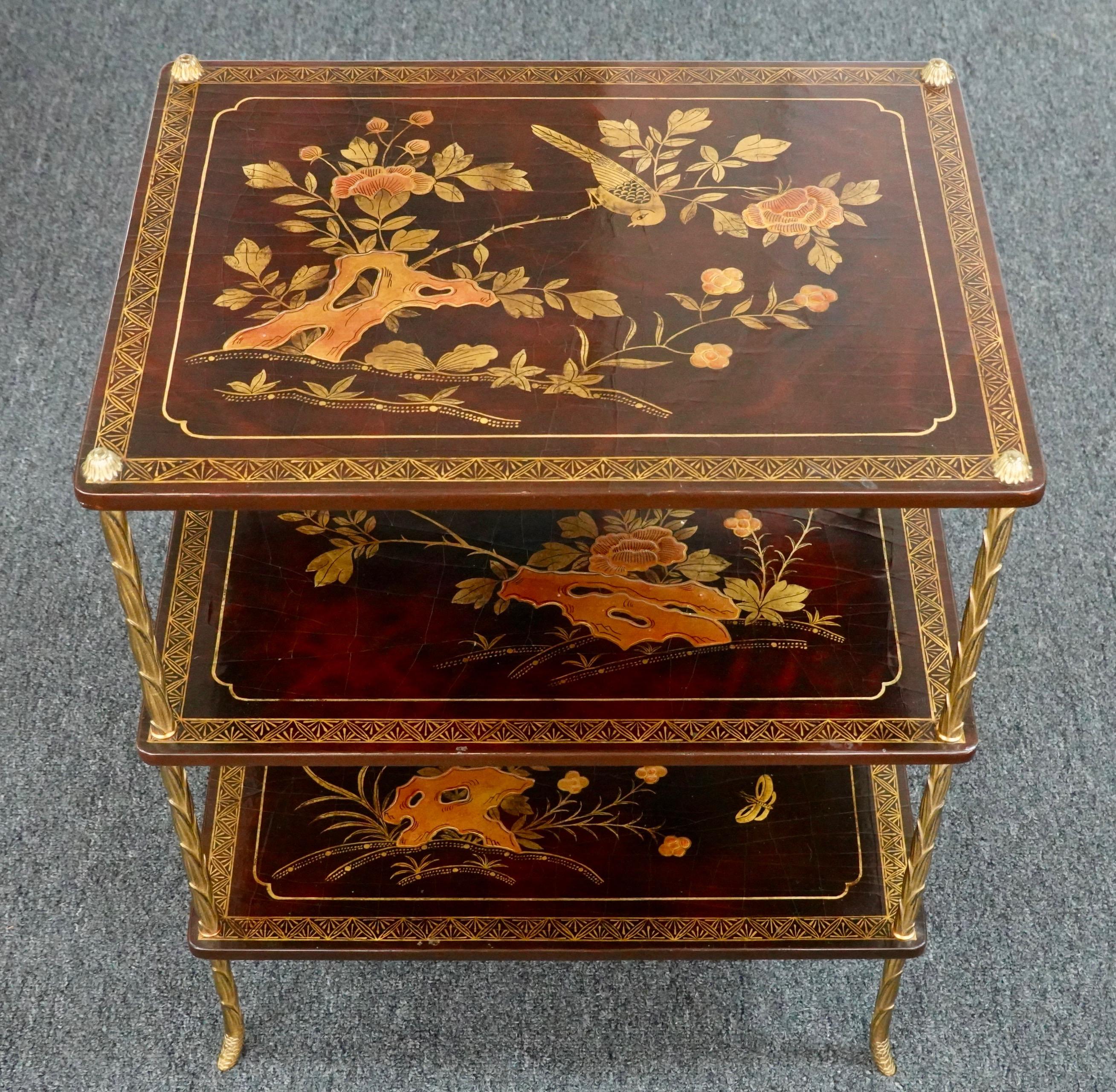 Pair of French Maison Baguès Three-tiered Chinoiserie Side Tables For Sale 1