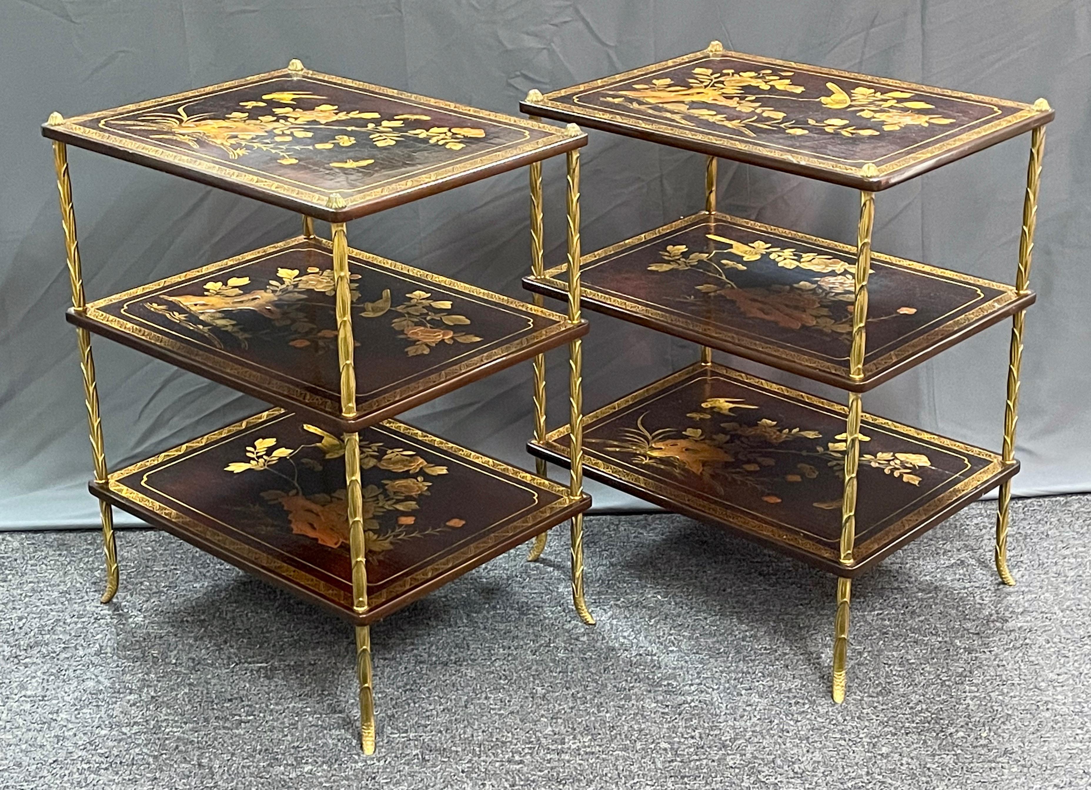 Pair of French Maison Baguès Three-tiered Chinoiserie Side Tables For Sale 2