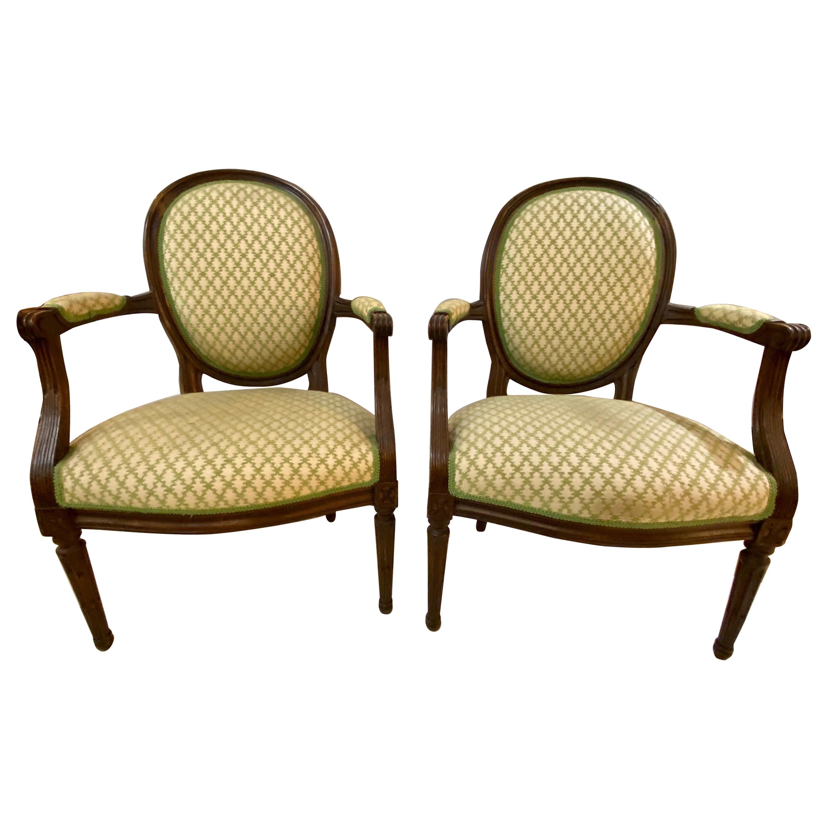 Pair of French Maison Jansen Bergeres or Armchairs in Walnut, Stamped JANSEN